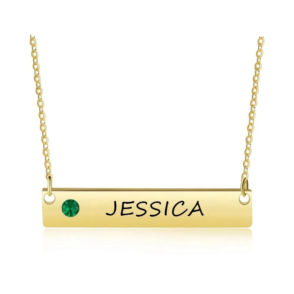 Personalized Stainless Steel Necklace with Engrave Name Plate & Custom Birthstone Pendant, Anniversary Gift