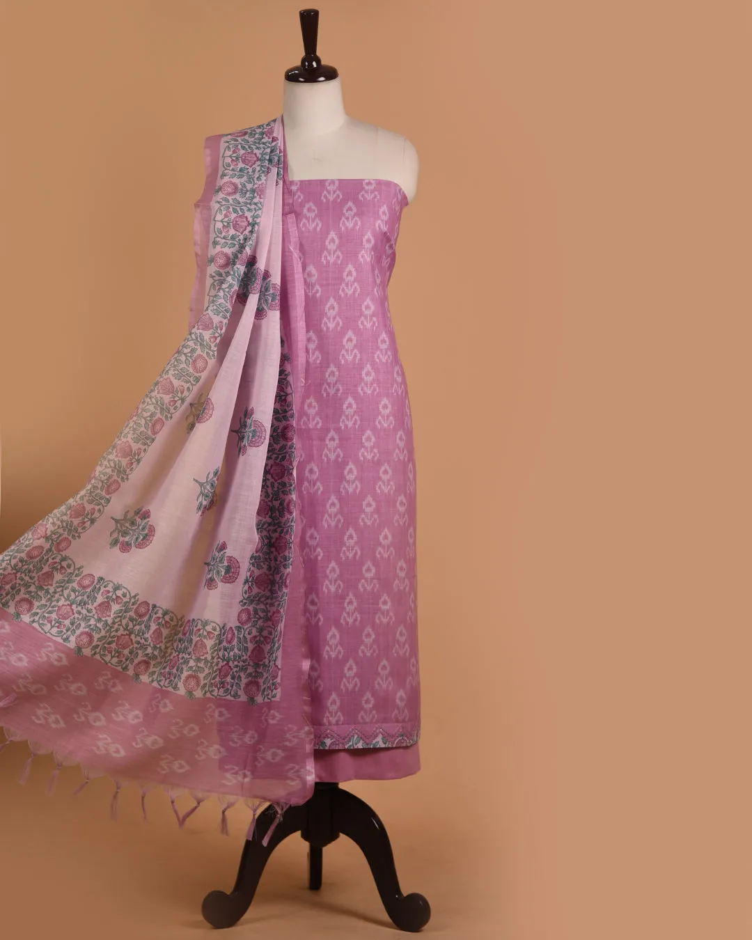 Pink Linen Blend Printed With Embroidery Unstitched Suit Fabric Set With Linen Blend Dupatta