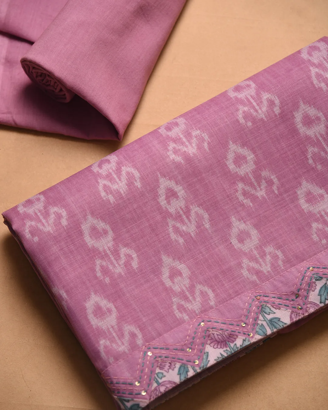 Pink Linen Blend Printed With Embroidery Unstitched Suit Fabric Set With Linen Blend Dupatta