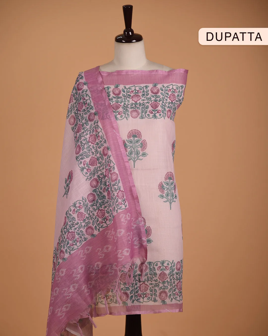 Pink Linen Blend Printed With Embroidery Unstitched Suit Fabric Set With Linen Blend Dupatta