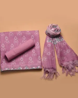 Pink Linen Blend Printed With Embroidery Unstitched Suit Fabric Set With Linen Blend Dupatta