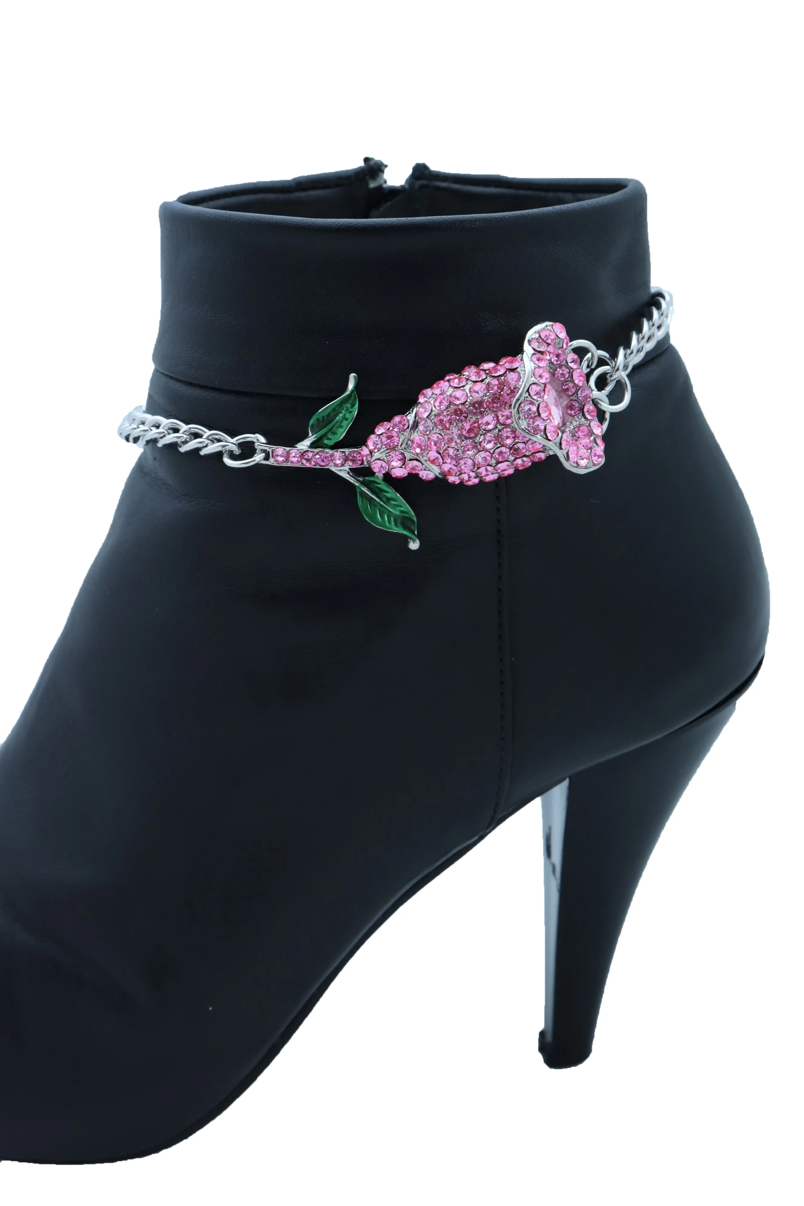 Pink Rhinestone Flower Silver Metal Boot Chain