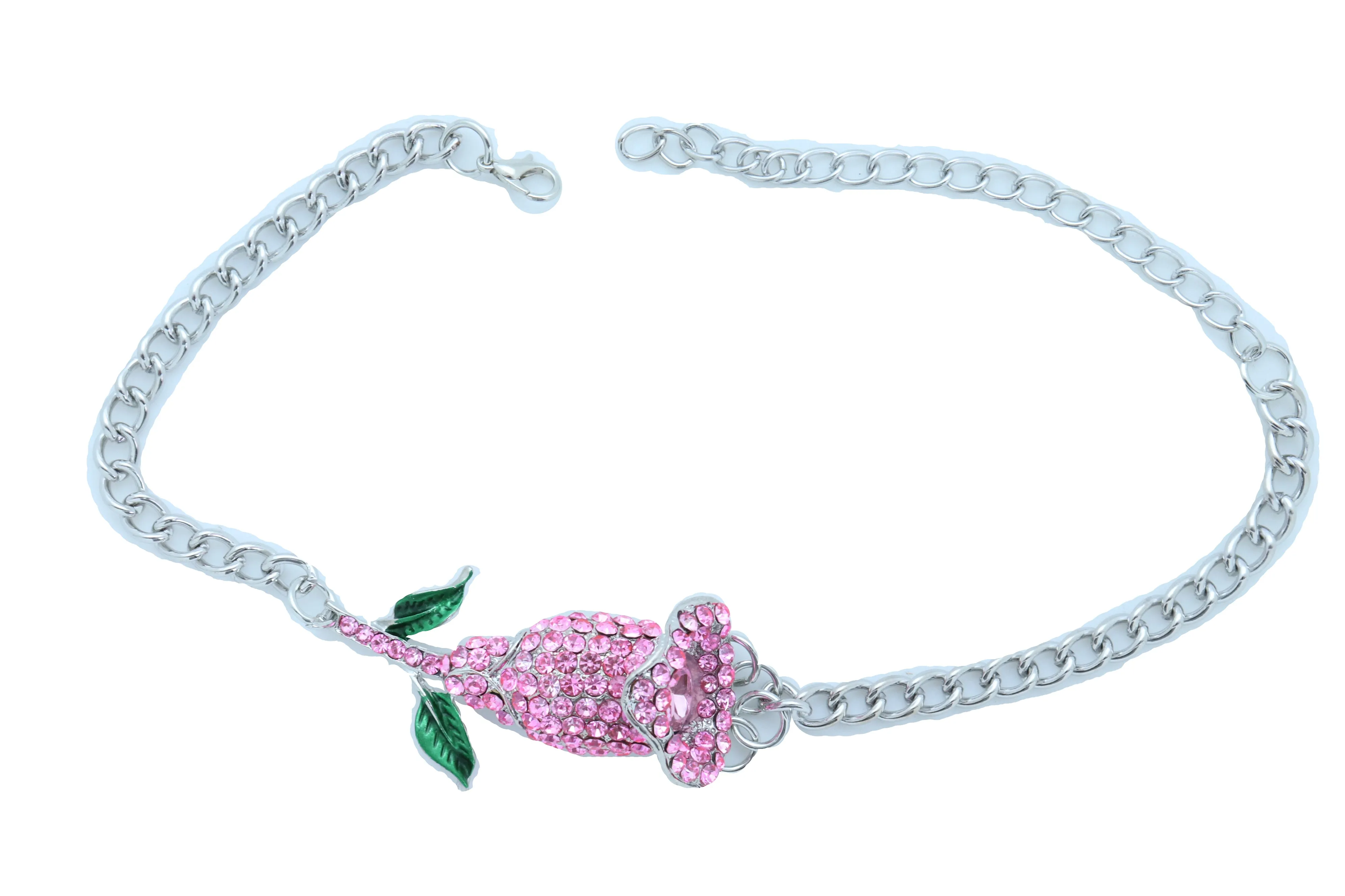 Pink Rhinestone Flower Silver Metal Boot Chain