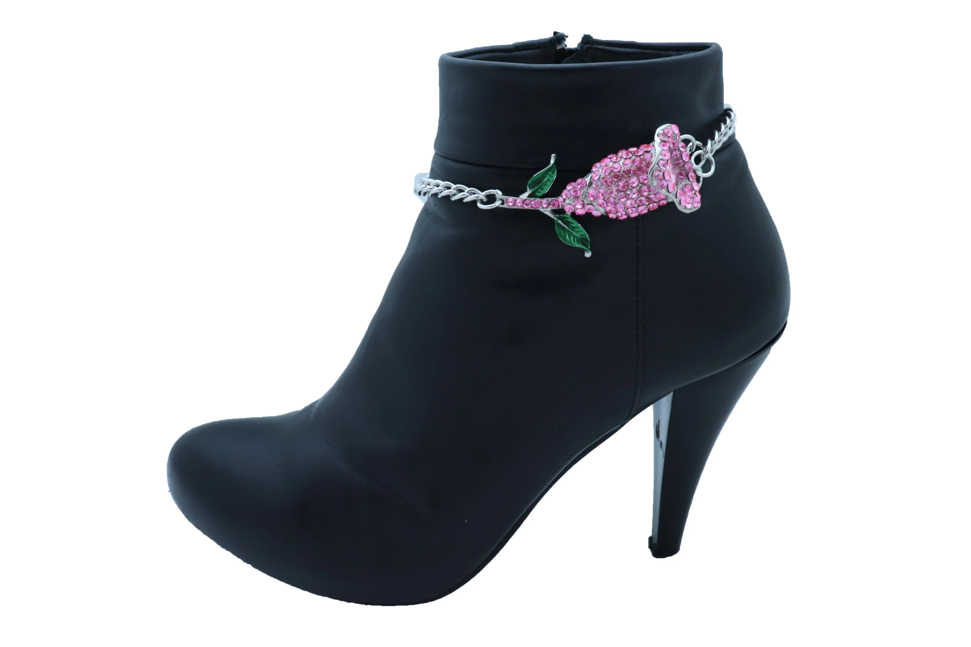 Pink Rhinestone Flower Silver Metal Boot Chain