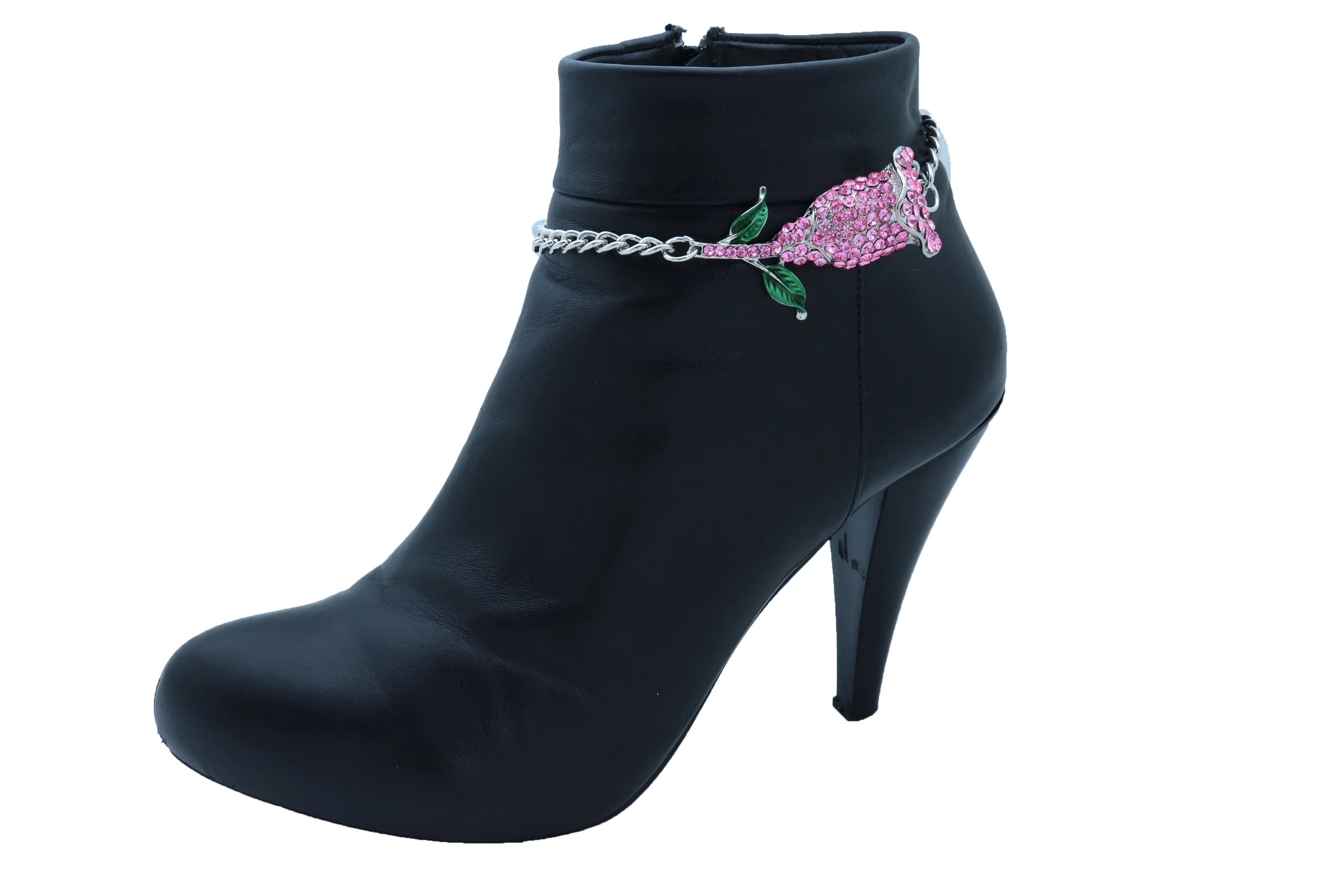 Pink Rhinestone Flower Silver Metal Boot Chain