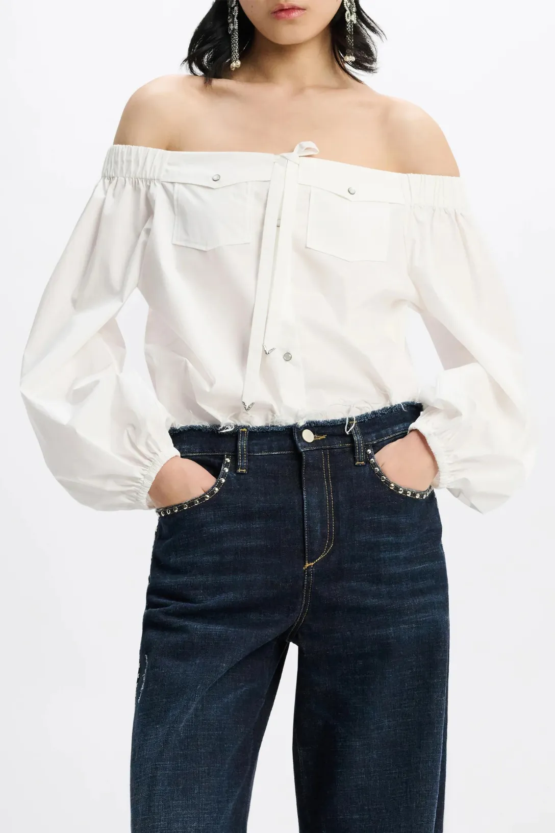 Poplin Power Off Shoulder Blouse | Pure White