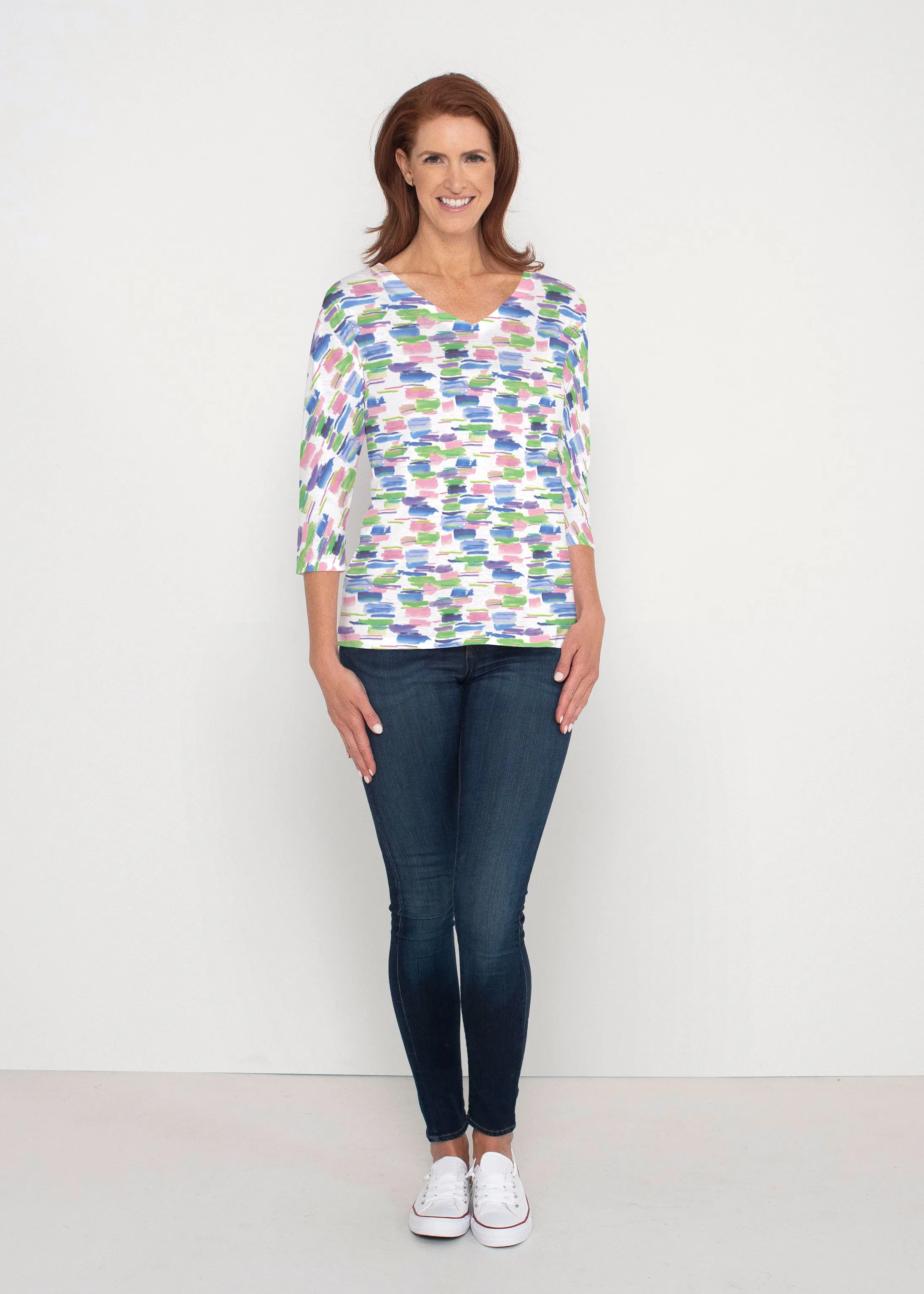 Pops of Bliss (8047) ~ Signature 3/4 Sleeve V-Neck Top