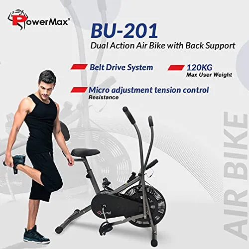 PowerMax Fitness BU-201 Dual Action Air Bike/Exercise Bike with Back Support System for Home Workout, black