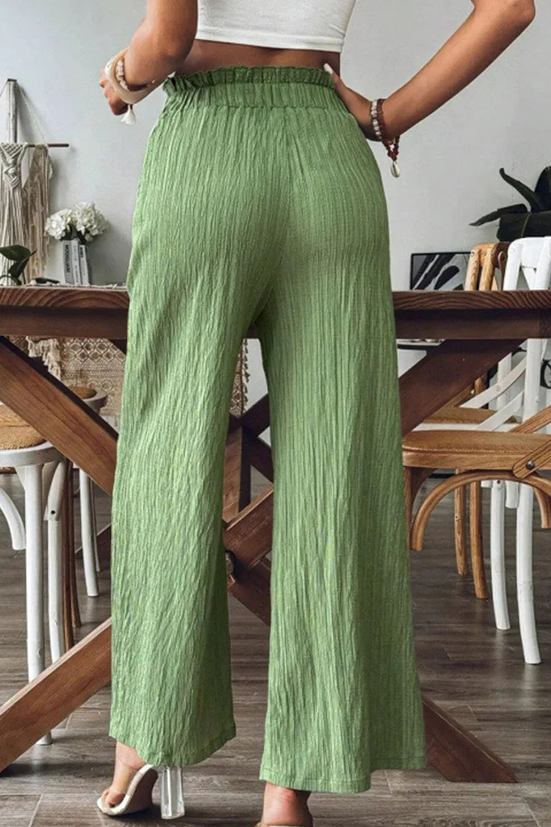 PREORDER! ETA 3/25 Central Park Stroll Green Crinkled Wide Leg Pants  **SHIPPING EXPECTED TO BEGIN ON DATE 3/25**