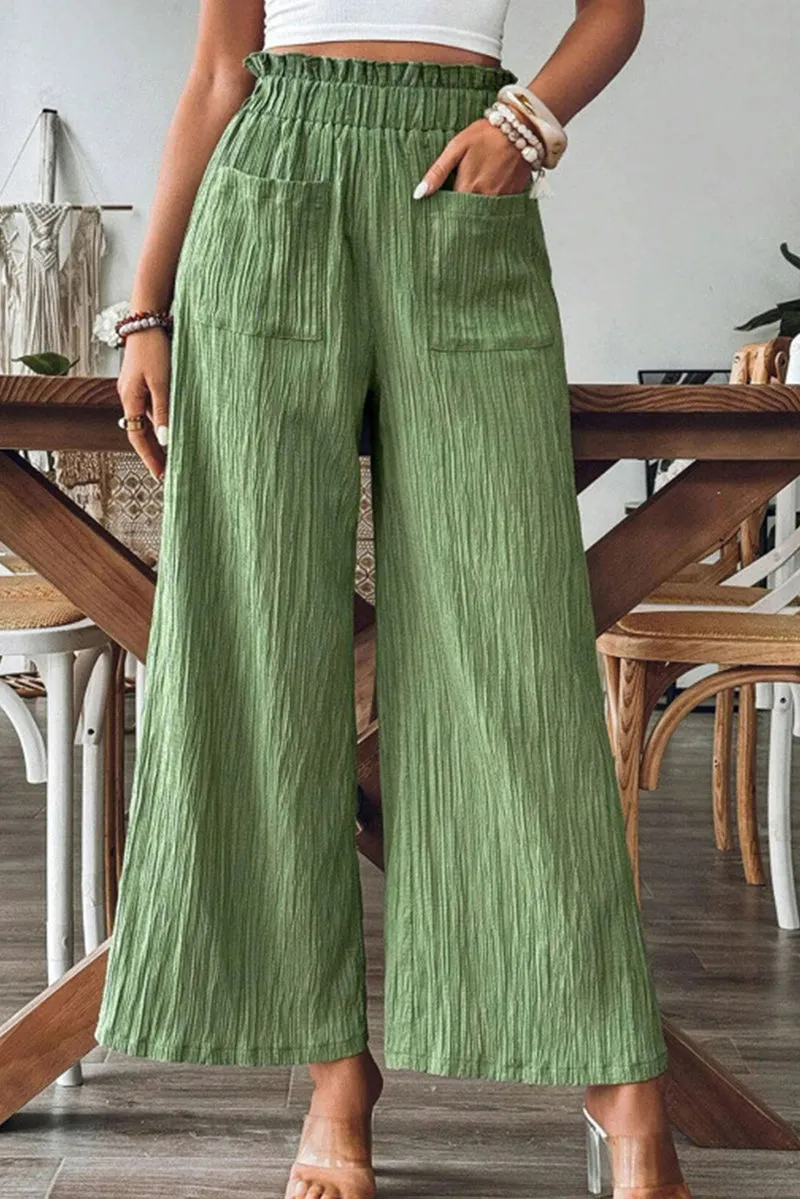 PREORDER! ETA 3/25 Central Park Stroll Green Crinkled Wide Leg Pants  **SHIPPING EXPECTED TO BEGIN ON DATE 3/25**