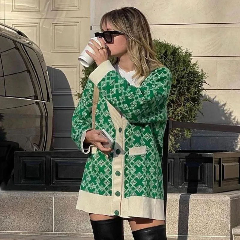 Print V Neck Button Up Long Sleeve Ribbed Cardigan - Green
