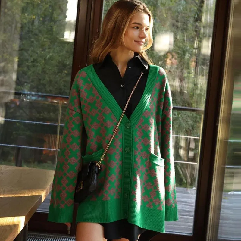 Print V Neck Button Up Long Sleeve Ribbed Cardigan - Pink Green