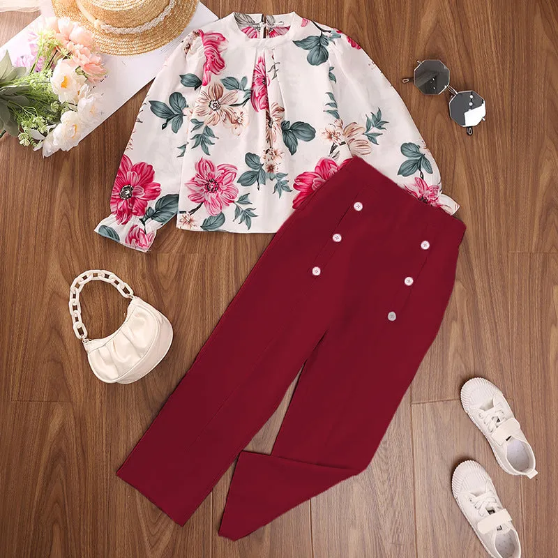 Printed long-sleeved tops and trousers two-piece suits