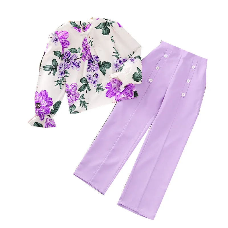 Printed long-sleeved tops and trousers two-piece suits