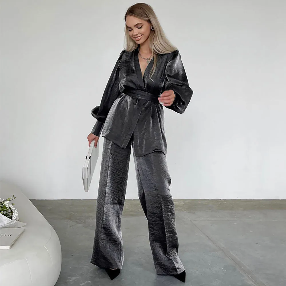 Puff Sleeve Wrap Blouse High Waist Wide Leg Pants Matching Set - Gray