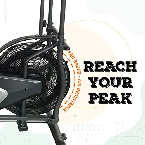 Reach Iconic Air Bike Exercise Cycle for Home Gym | Fan-based Air Resistance for Cardio & Fitness Workout | Indoor Gym Equipment with LCD screen and Cushioned Seat