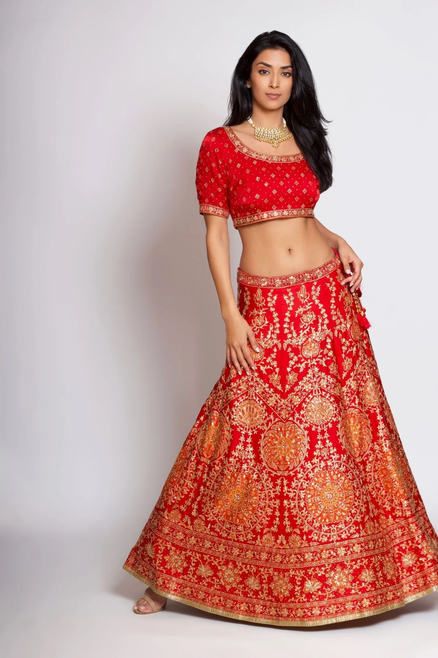 Red & Orange Embroidered Lehenga With Dupatta