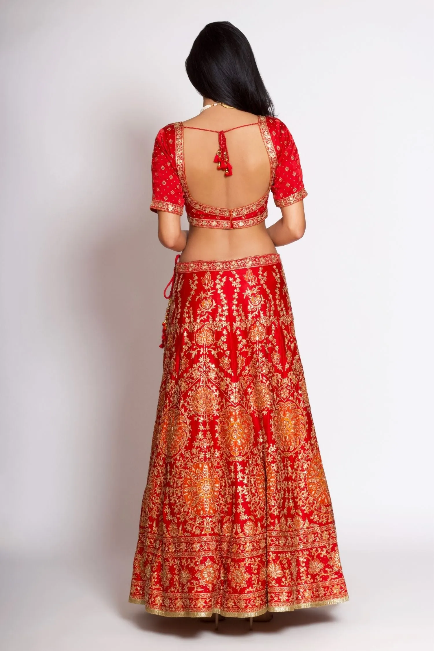 Red & Orange Embroidered Lehenga With Dupatta