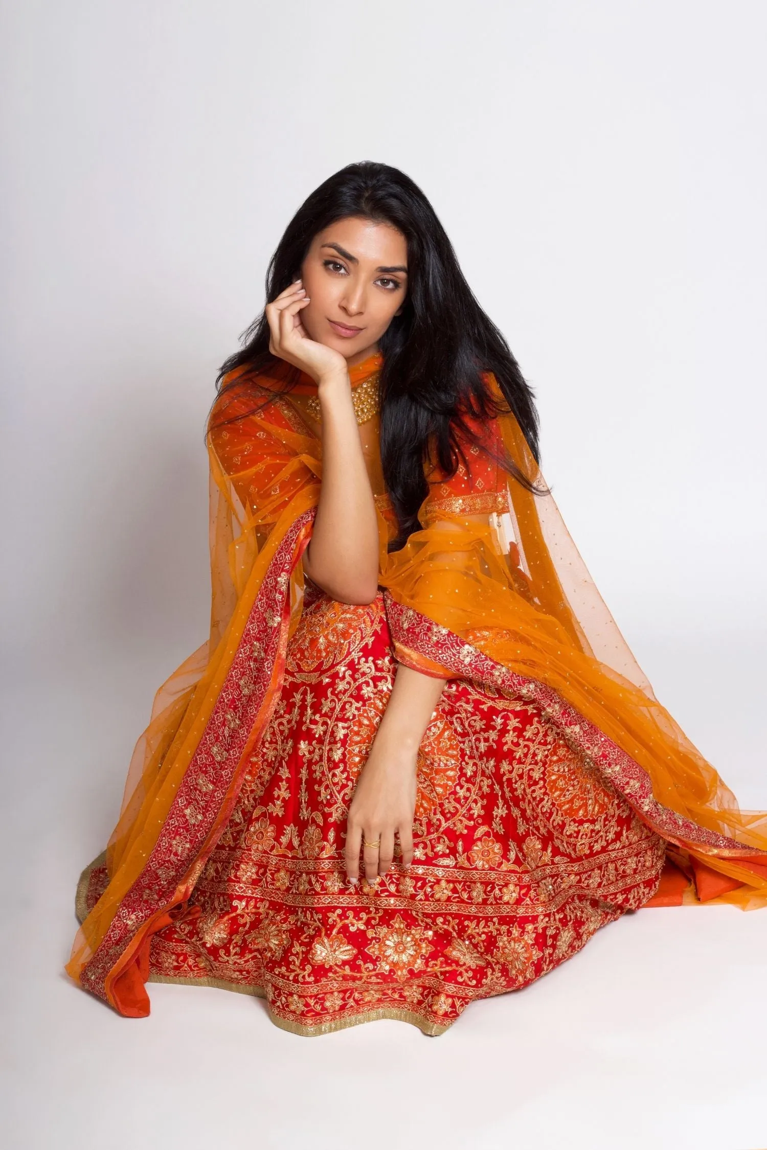 Red & Orange Embroidered Lehenga With Dupatta