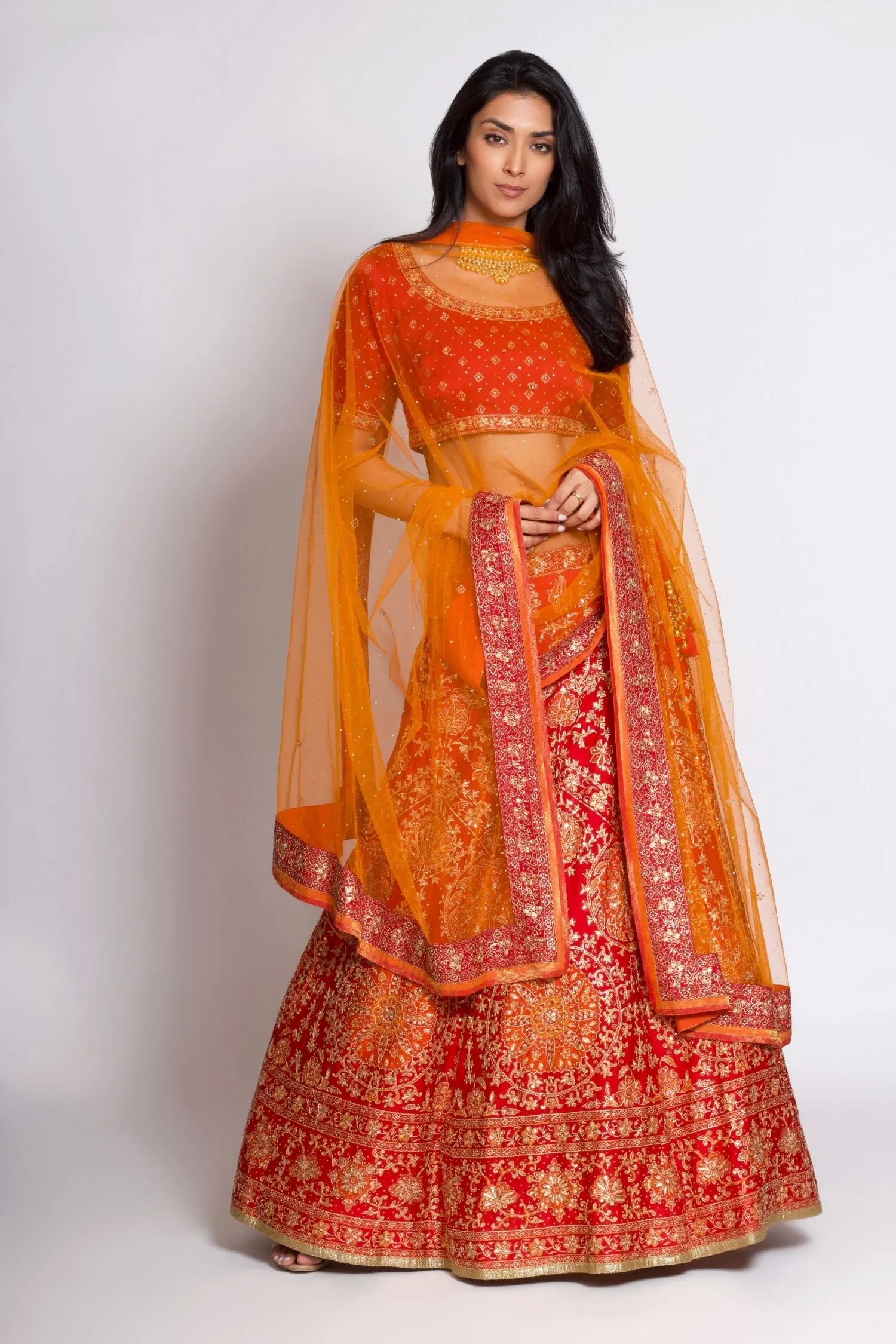 Red & Orange Embroidered Lehenga With Dupatta