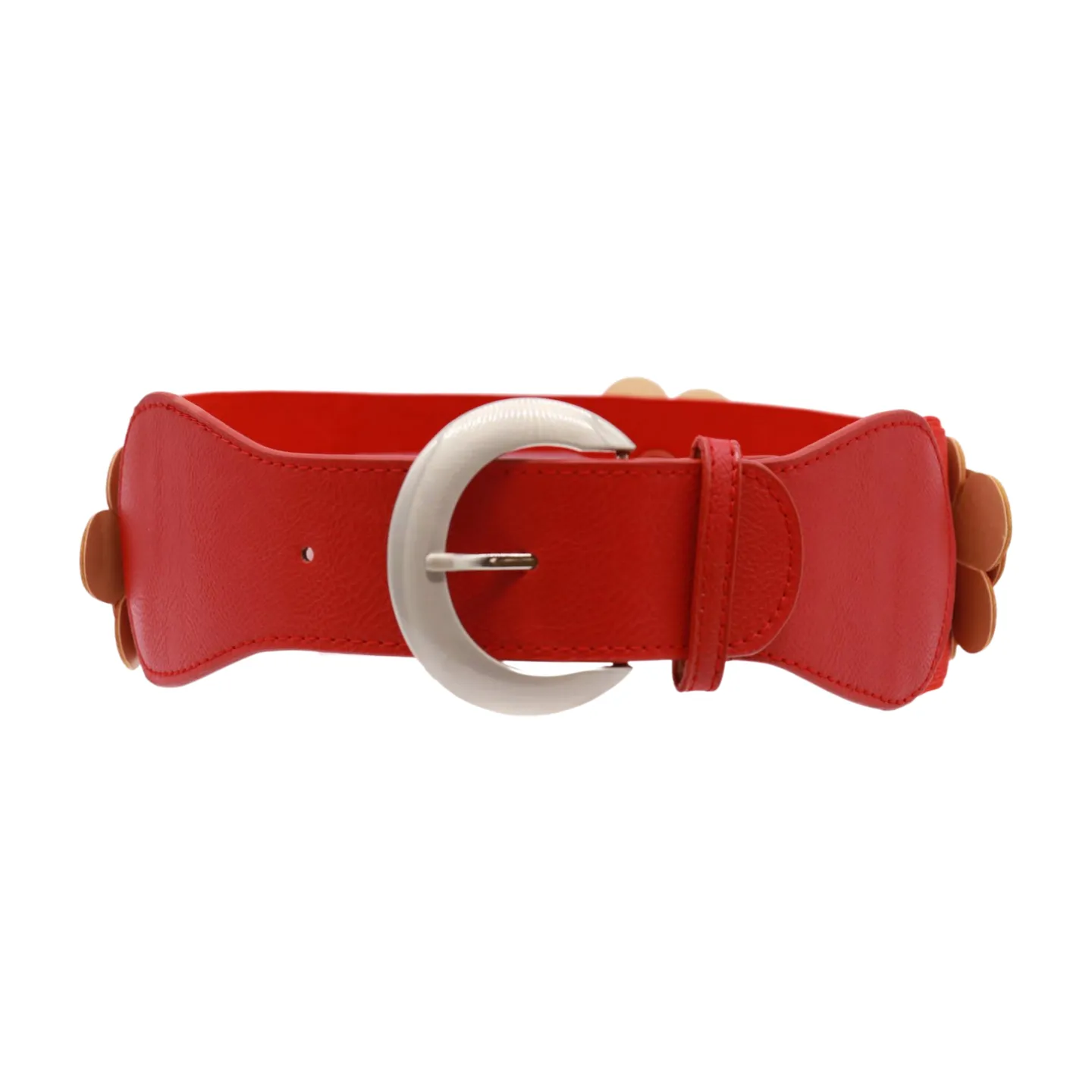 Red Elastic Strap Belt Flowers Silver Buckle S M