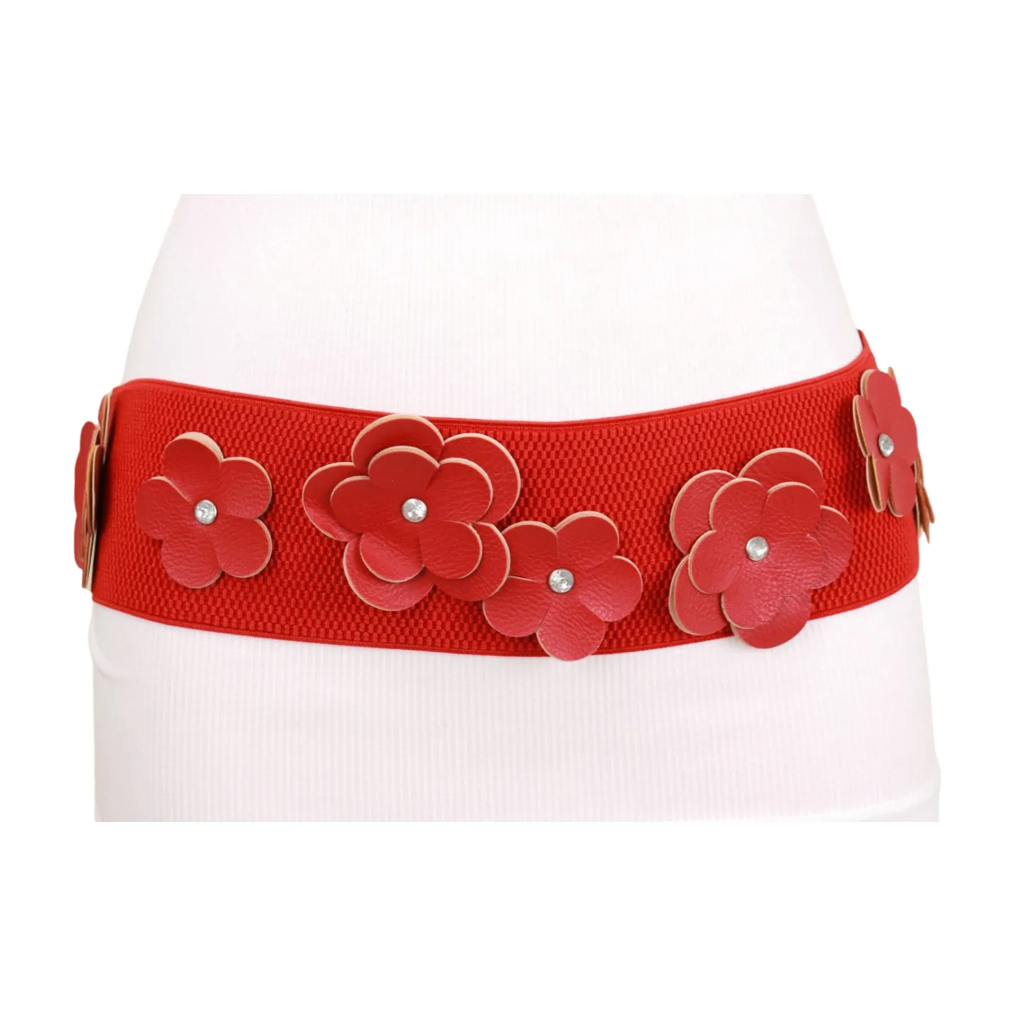Red Elastic Strap Belt Flowers Silver Buckle S M