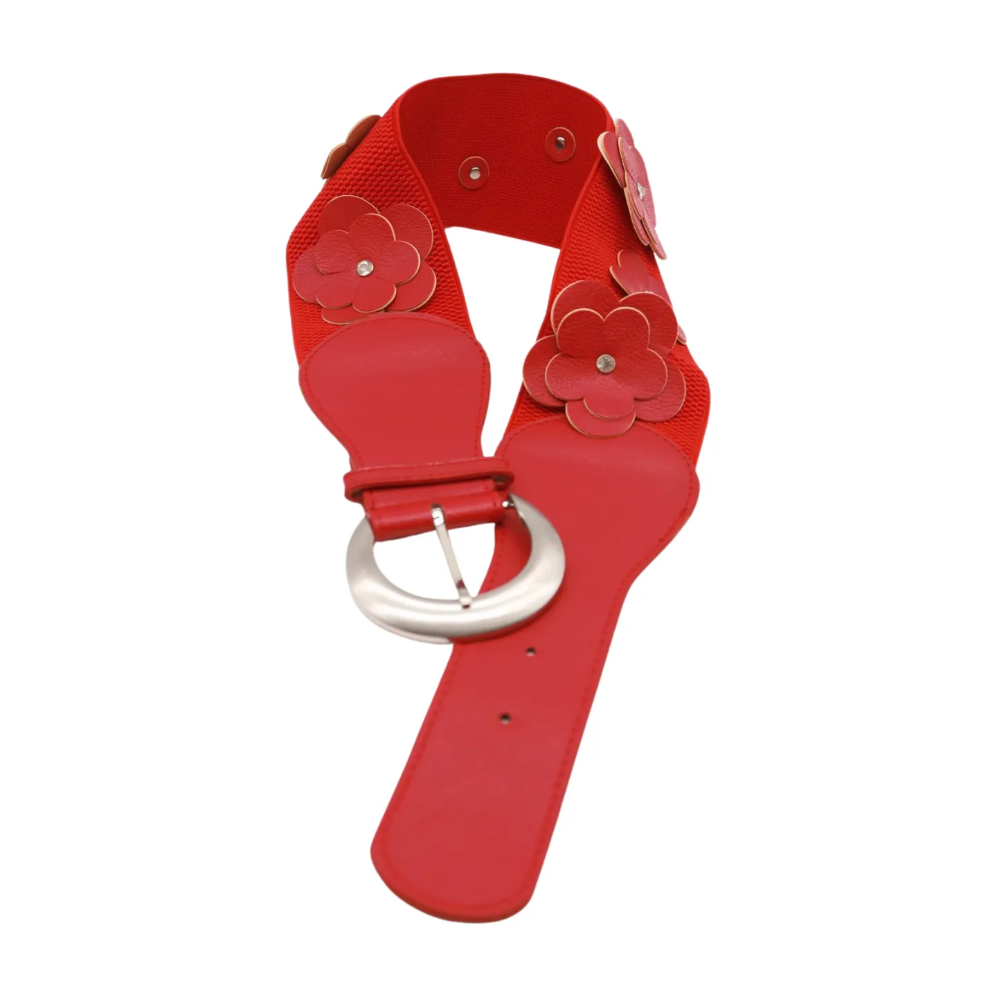 Red Elastic Strap Belt Flowers Silver Buckle S M