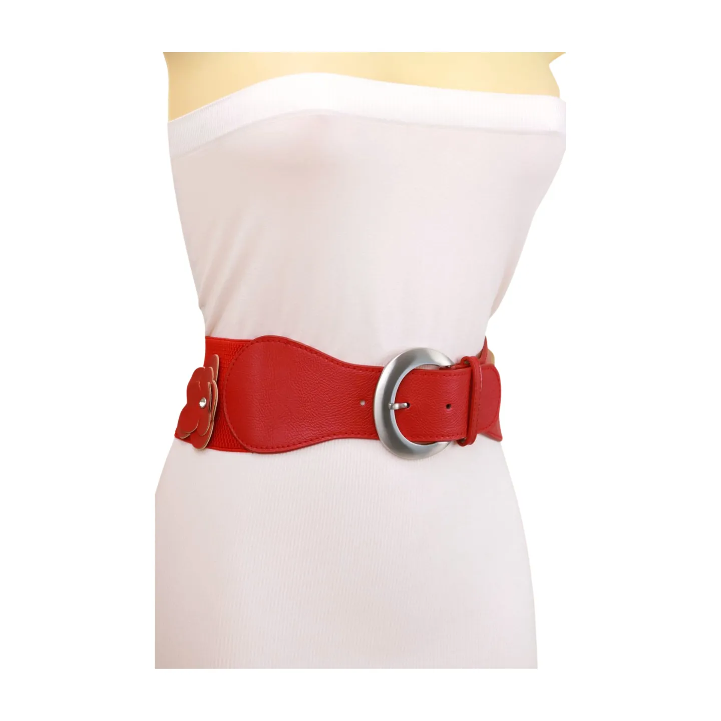 Red Elastic Strap Belt Flowers Silver Buckle S M