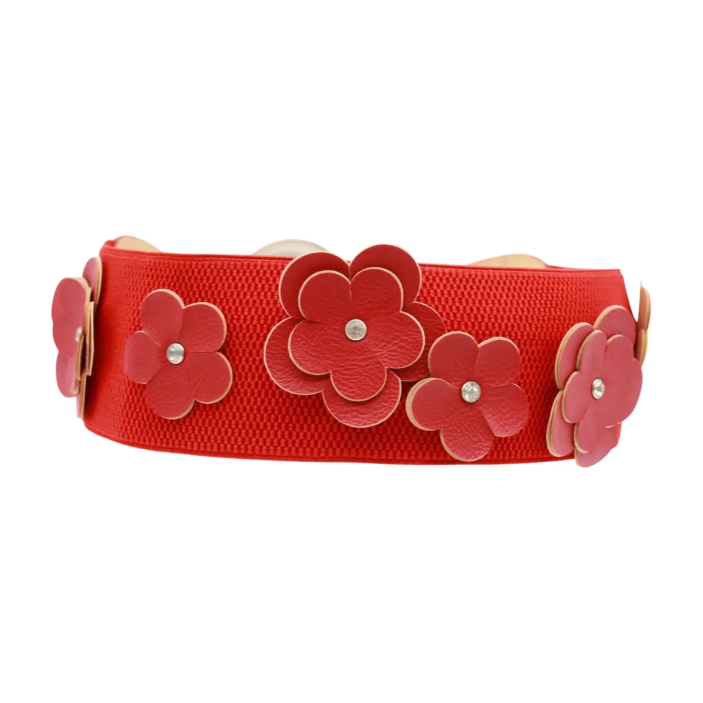 Red Elastic Strap Belt Flowers Silver Buckle S M
