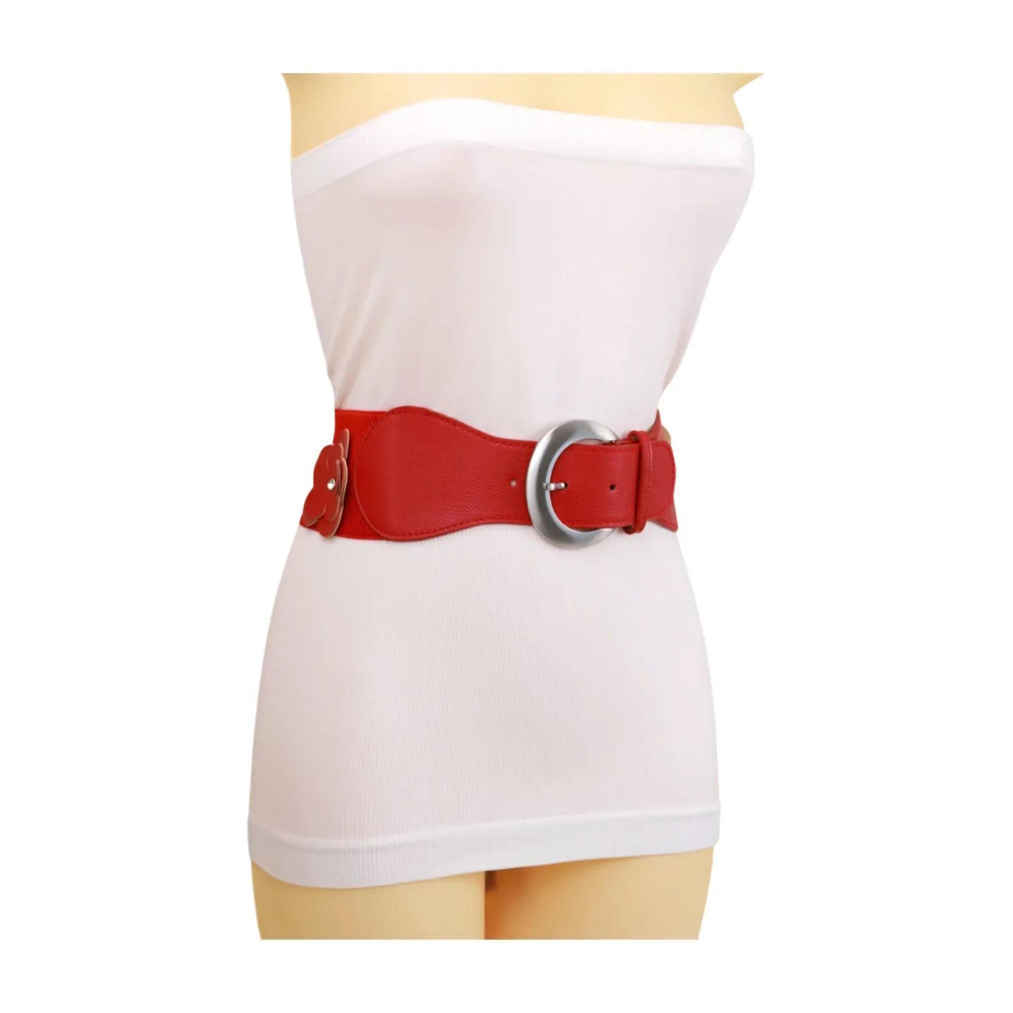 Red Elastic Strap Belt Flowers Silver Buckle S M