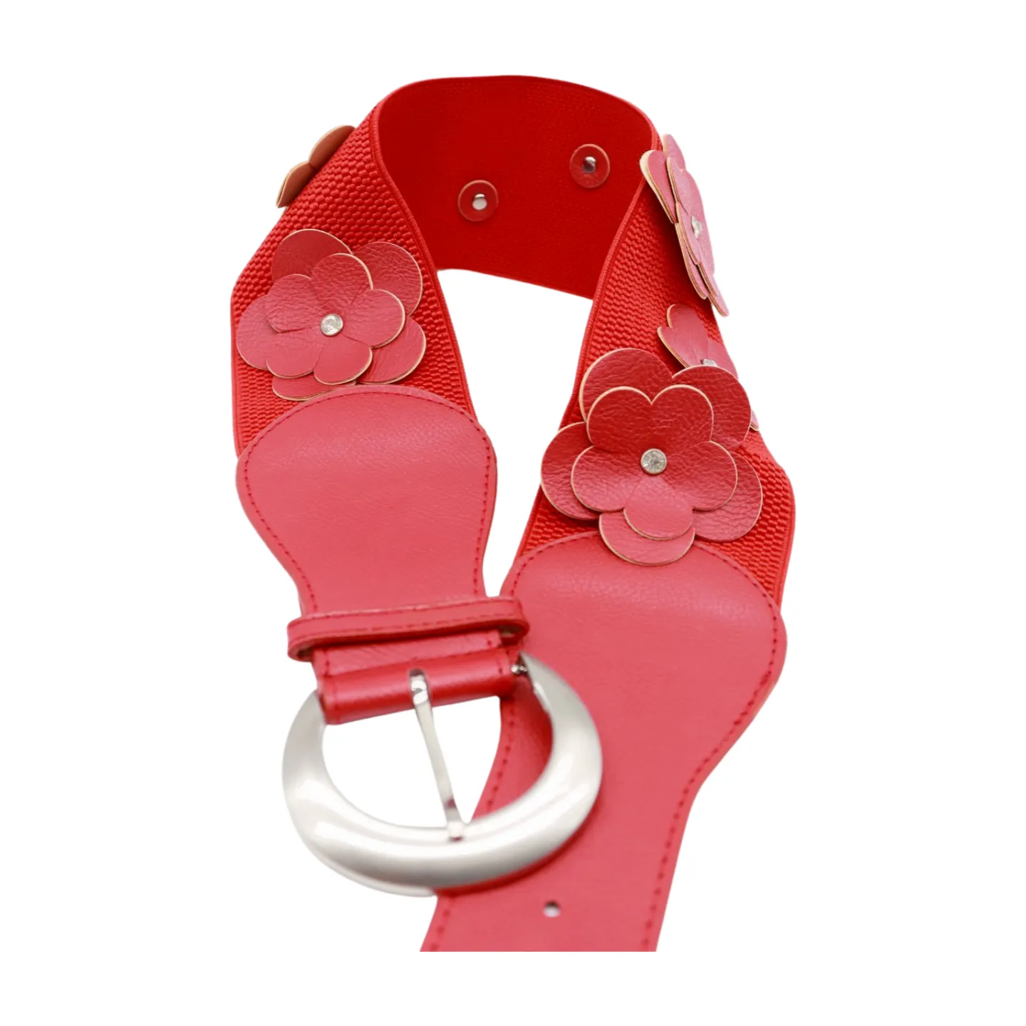 Red Elastic Strap Belt Flowers Silver Buckle S M