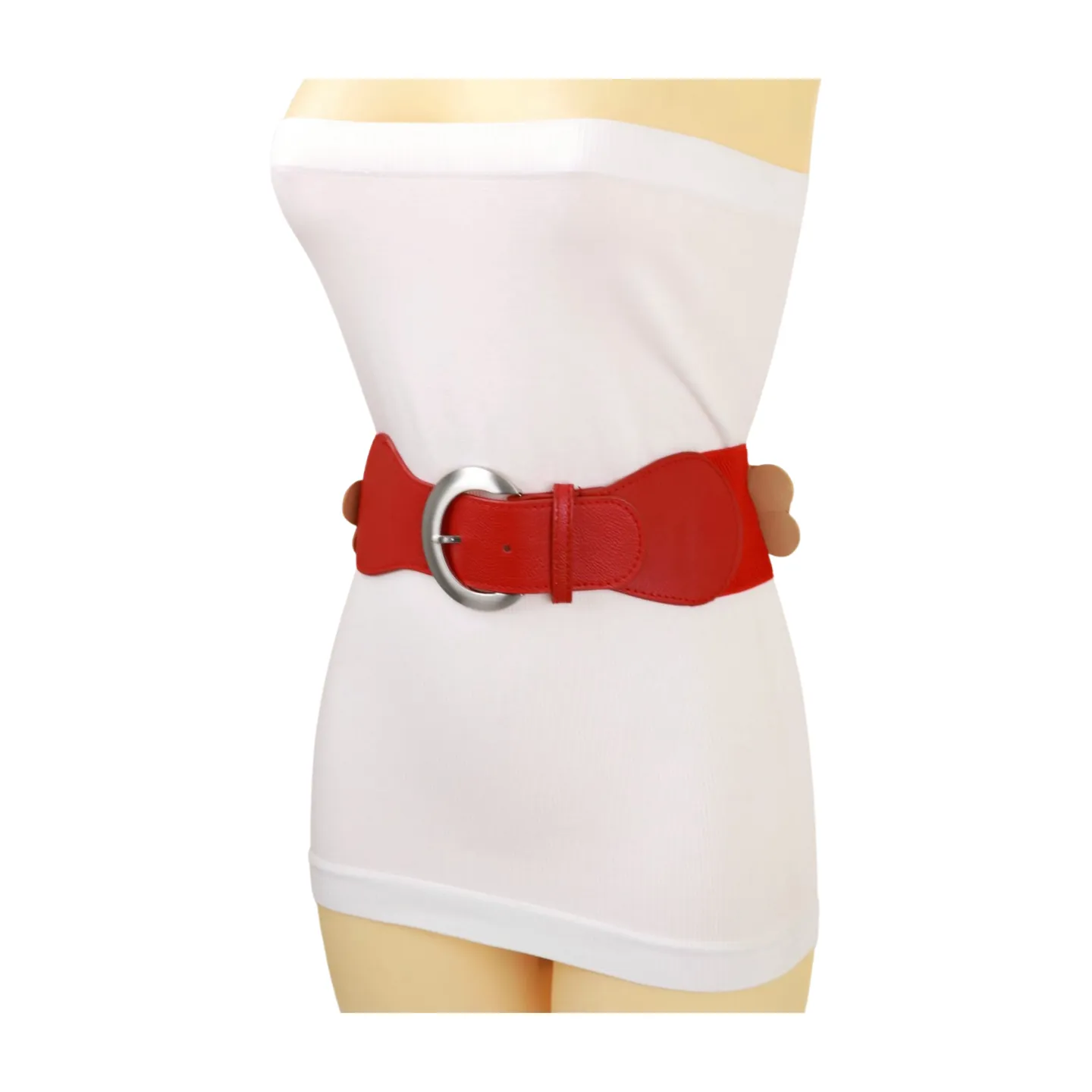 Red Elastic Strap Belt Flowers Silver Buckle S M