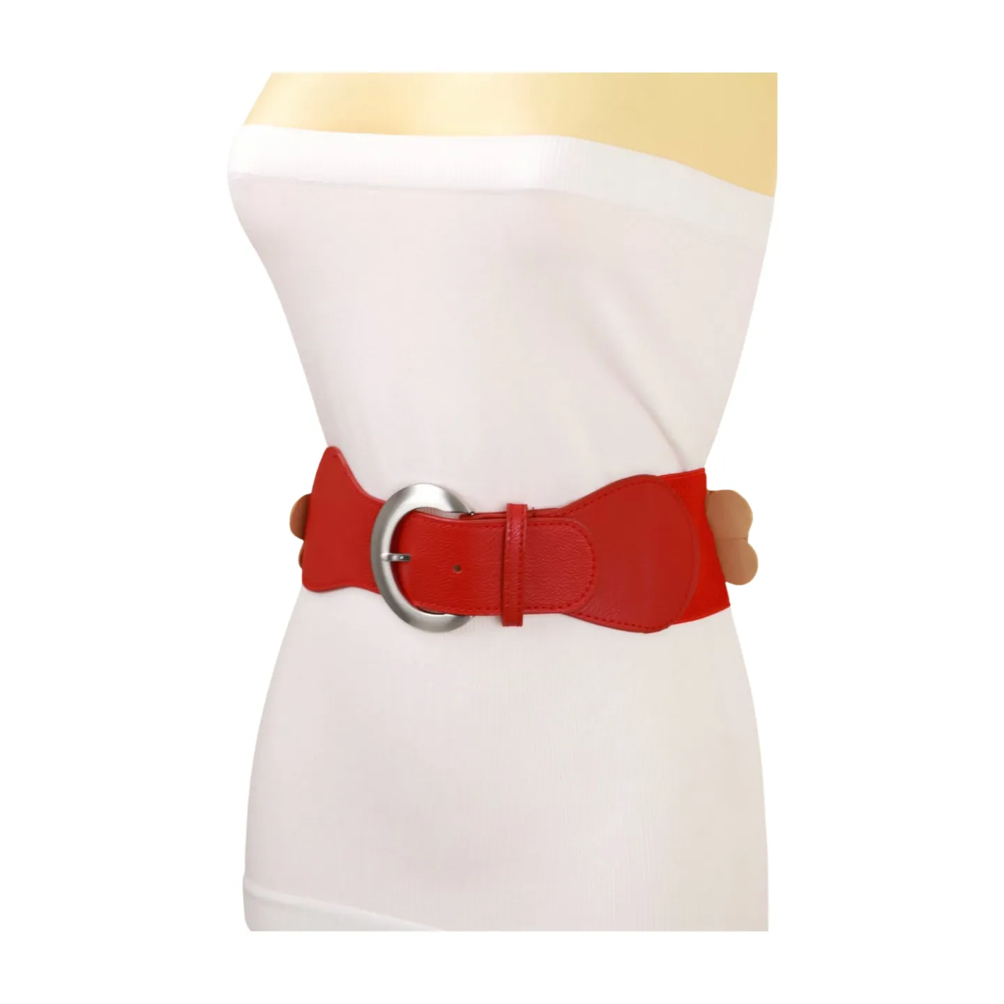 Red Elastic Strap Belt Flowers Silver Buckle S M