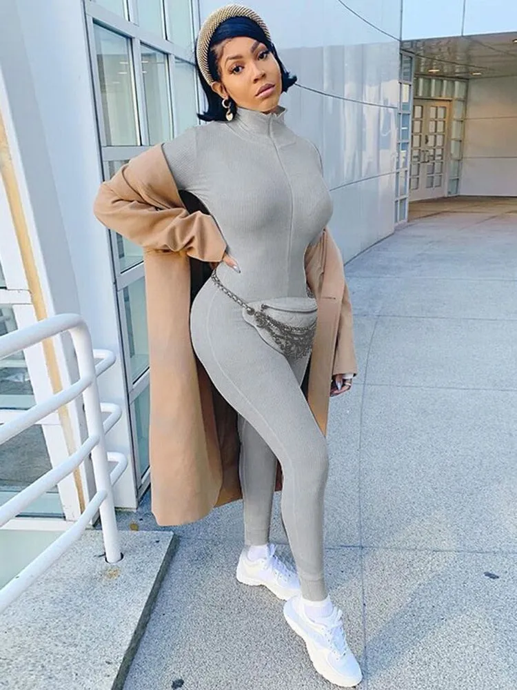 Ribbed Turtleneck Sport Wear Casual Jumpsuit