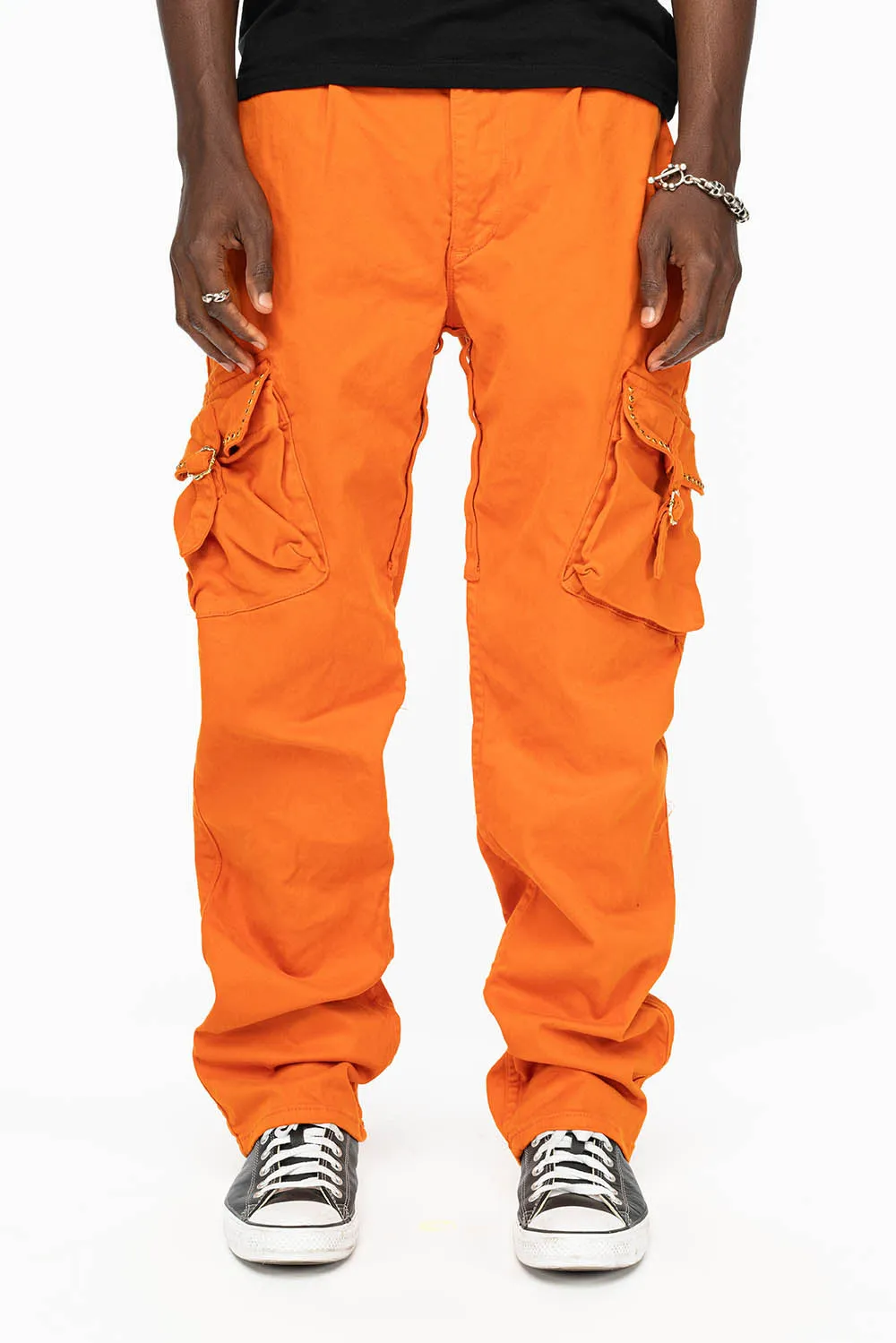 ROBINS NEW MILITARY STYLE CARGO PANTS IN ORANGE WITH ORANGE CRYSTALS