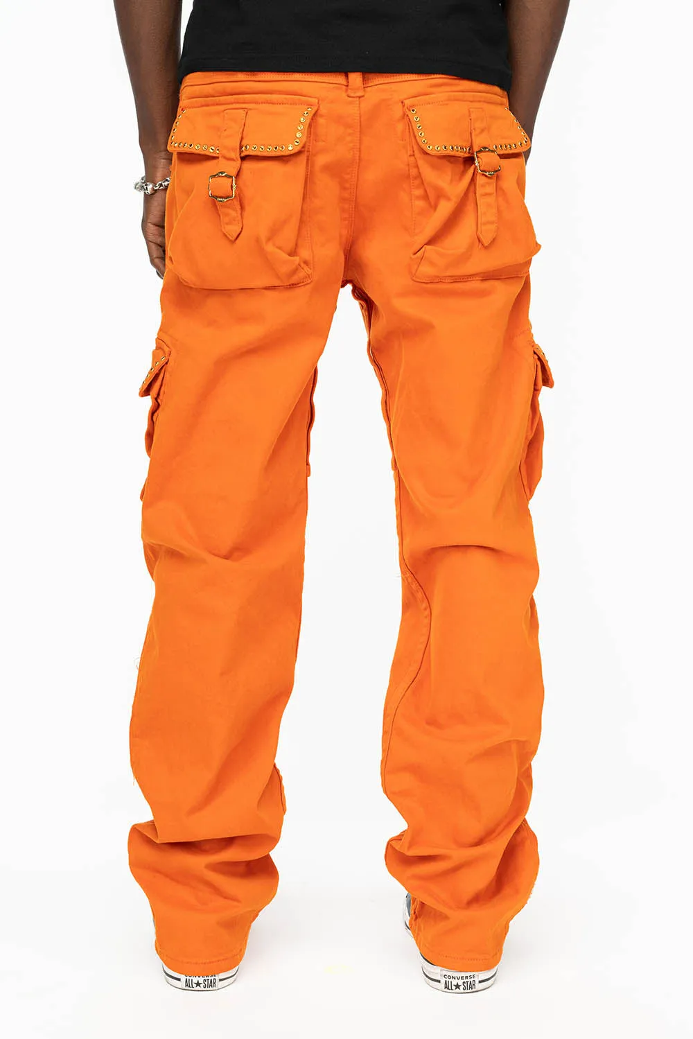 ROBINS NEW MILITARY STYLE CARGO PANTS IN ORANGE WITH ORANGE CRYSTALS
