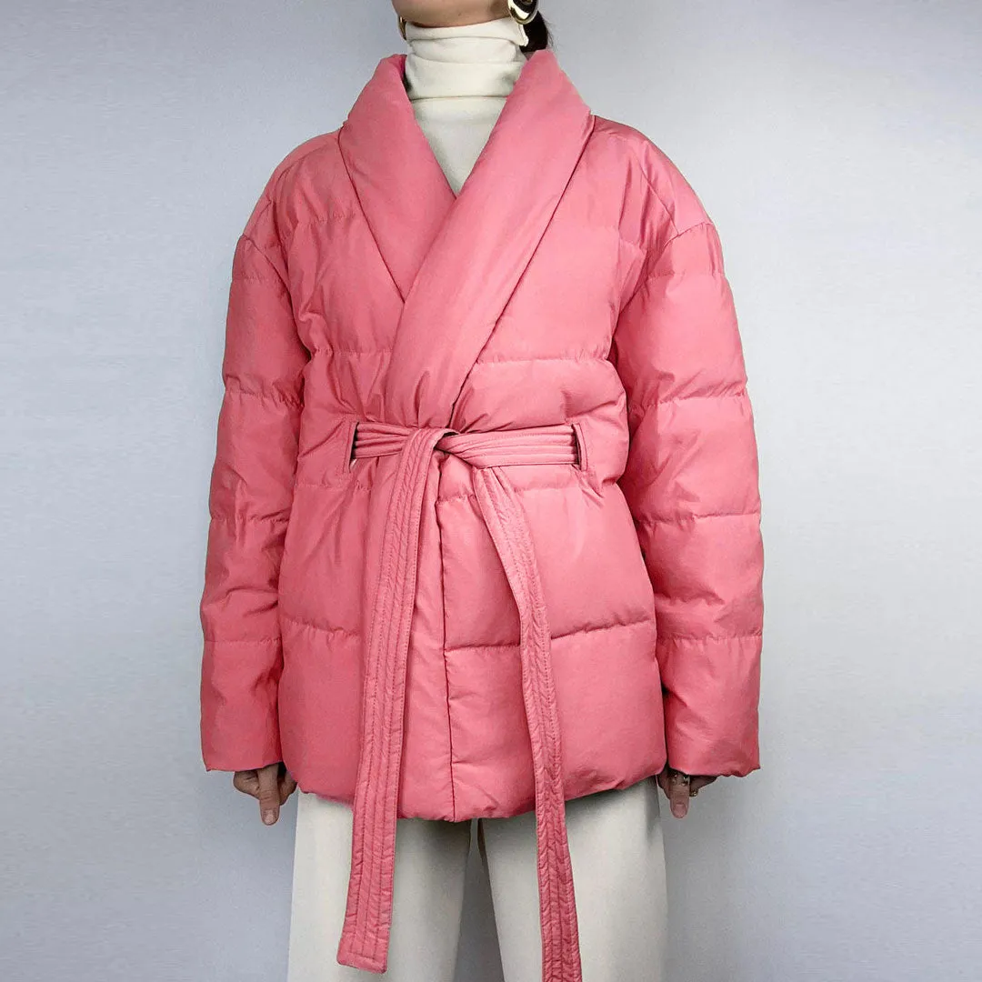 Shawl Collar Long Sleeve Belted Puffer Jacket - Coral Pink