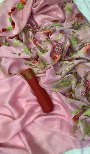 Silk Linen Embroidery Saree In Babypink