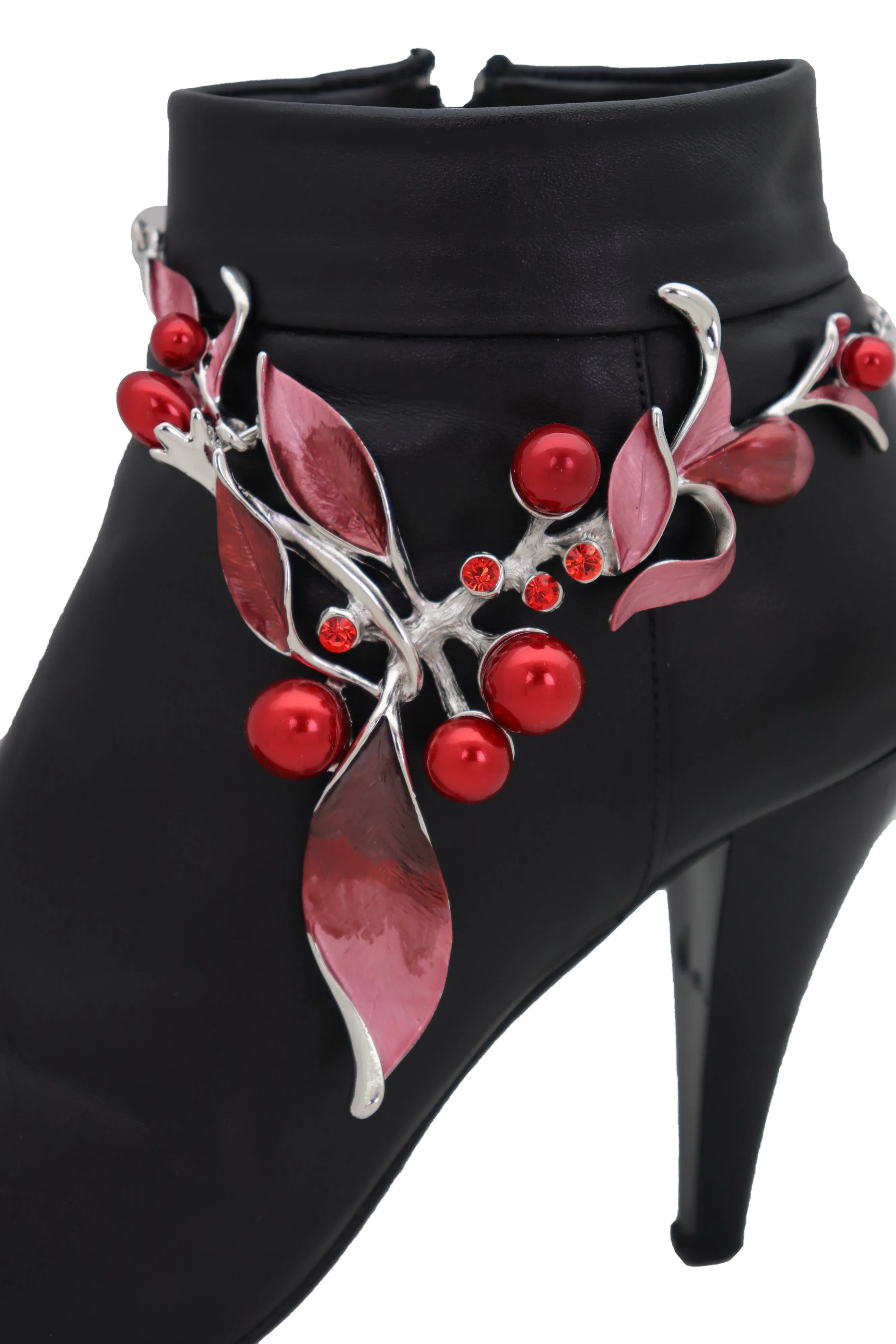 Silver Metal Boot Chain Bracelet Western Shoe Charm Jewelry Hot Red Flower