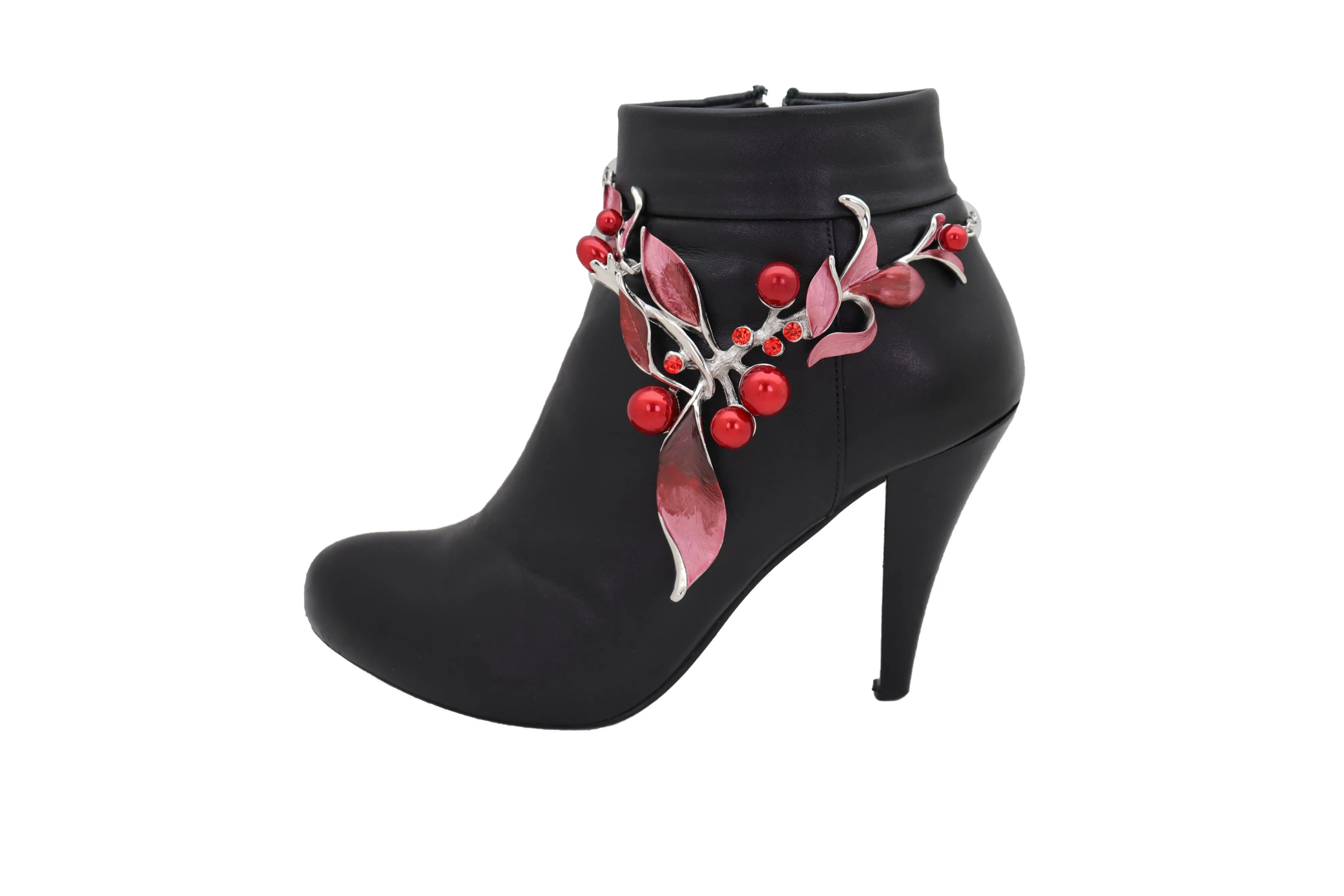 Silver Metal Boot Chain Bracelet Western Shoe Charm Jewelry Hot Red Flower