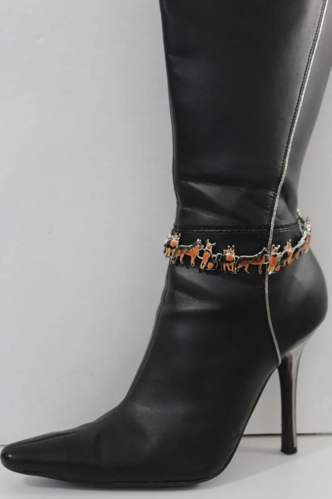 Silver Metal Chain Anklet Heel Shoe Brown Dogs Pet Charm Jewelry Boot Bracelet