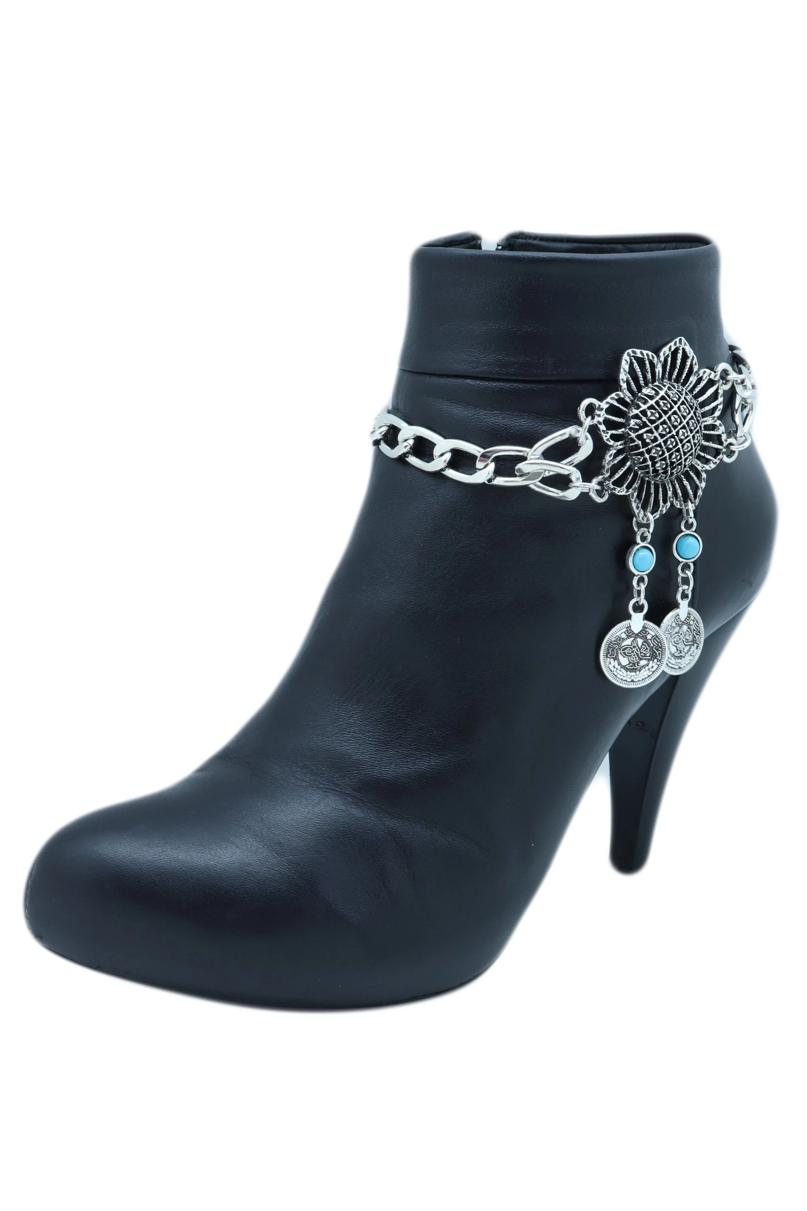 Silver Metal Chain Boot Bracelet Anklet Shoe Sun Flower Coin Charm Jewelry