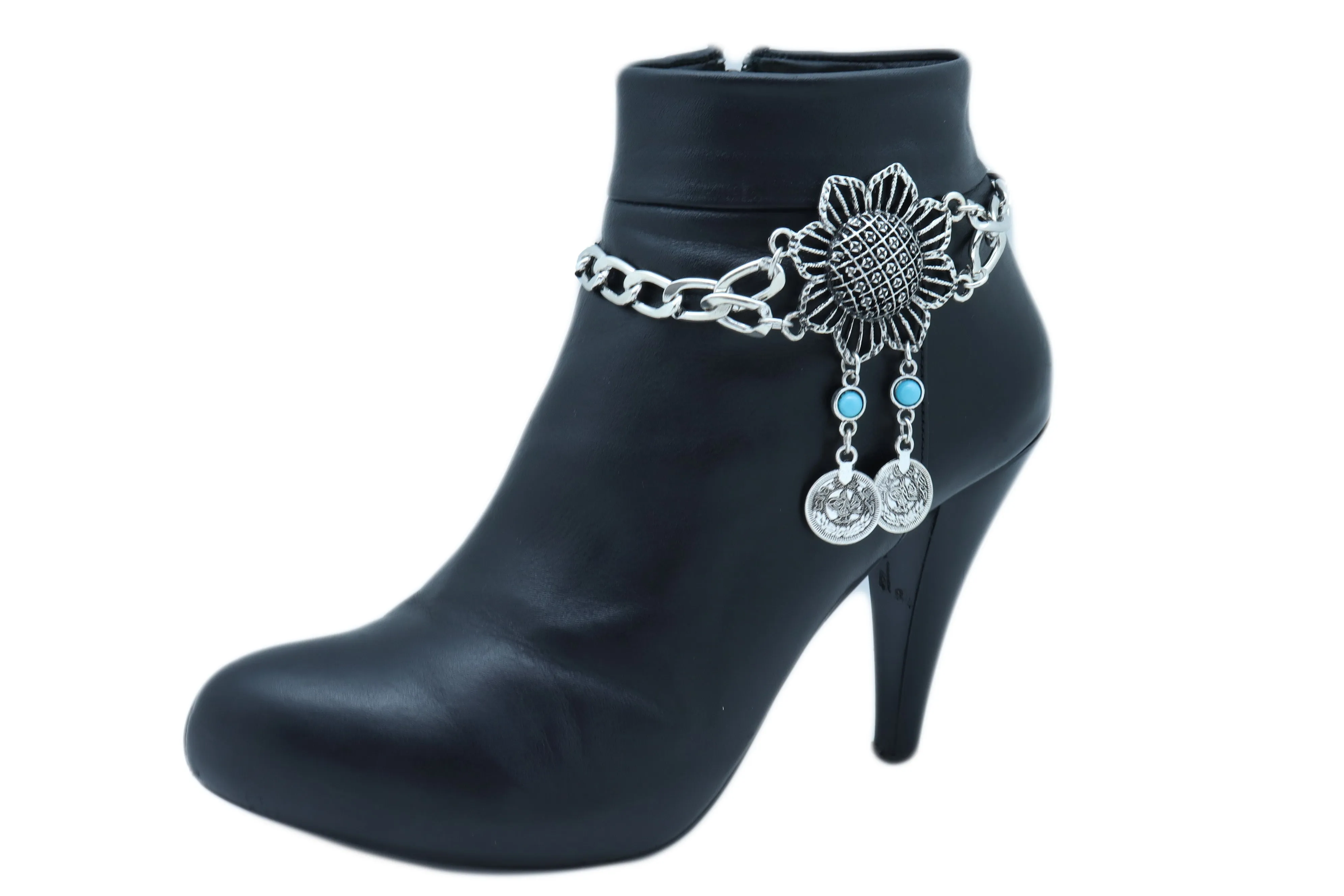 Silver Metal Chain Boot Bracelet Anklet Shoe Sun Flower Coin Charm Jewelry