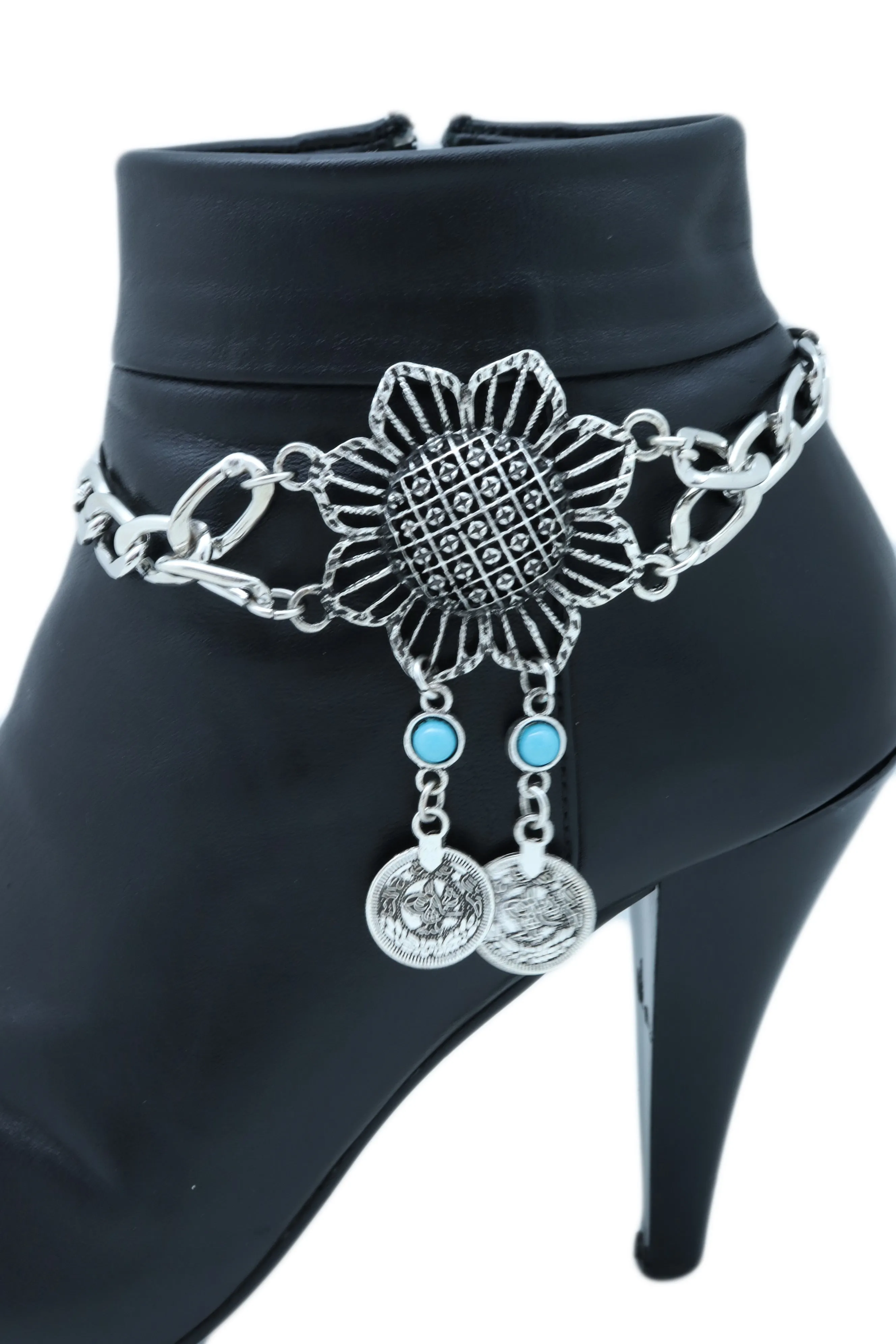 Silver Metal Chain Boot Bracelet Anklet Shoe Sun Flower Coin Charm Jewelry