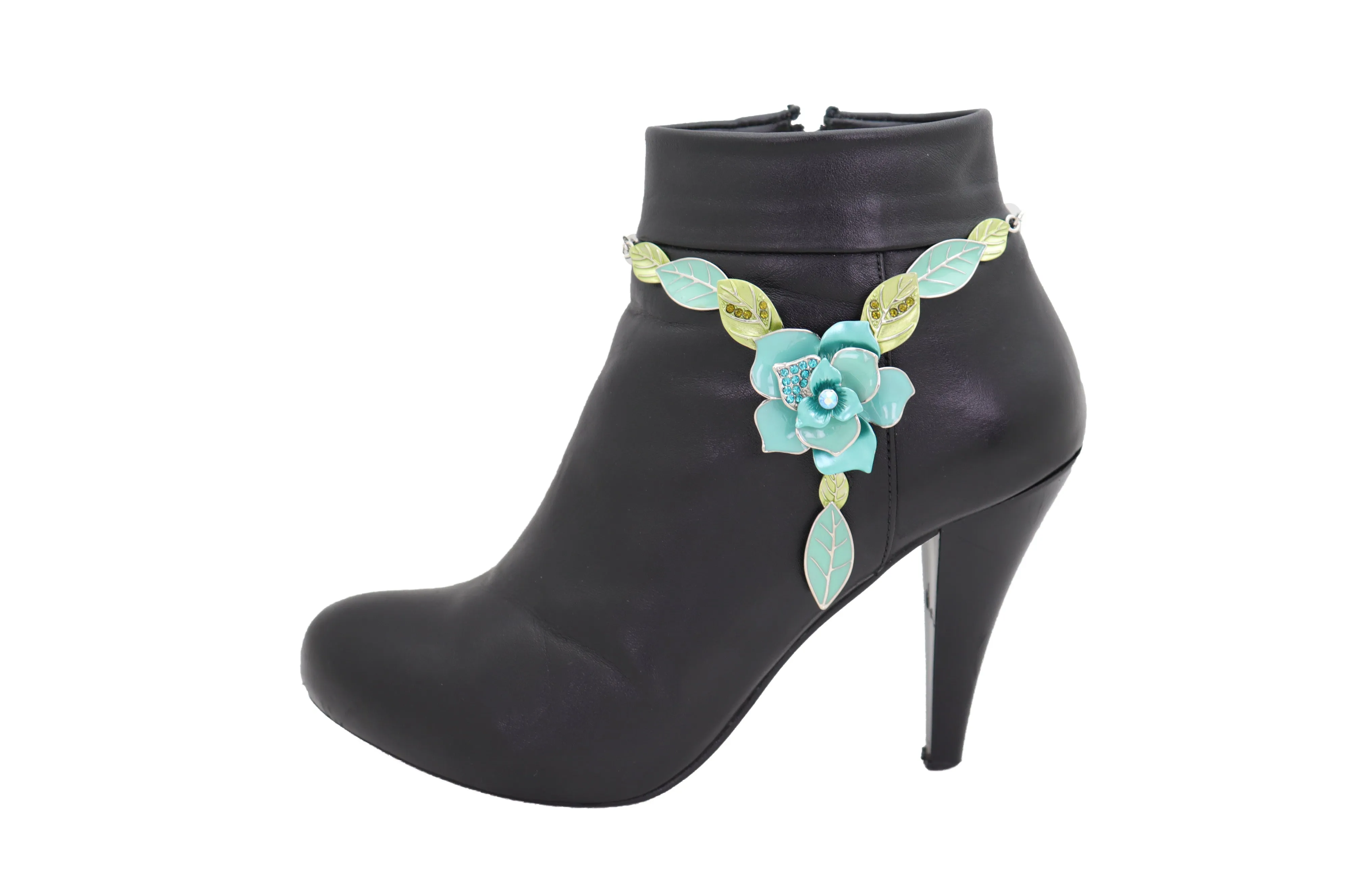 Silver Metal Chain Boot Bracelet Shoe Anklet Baby Bling Blue Flower Charm