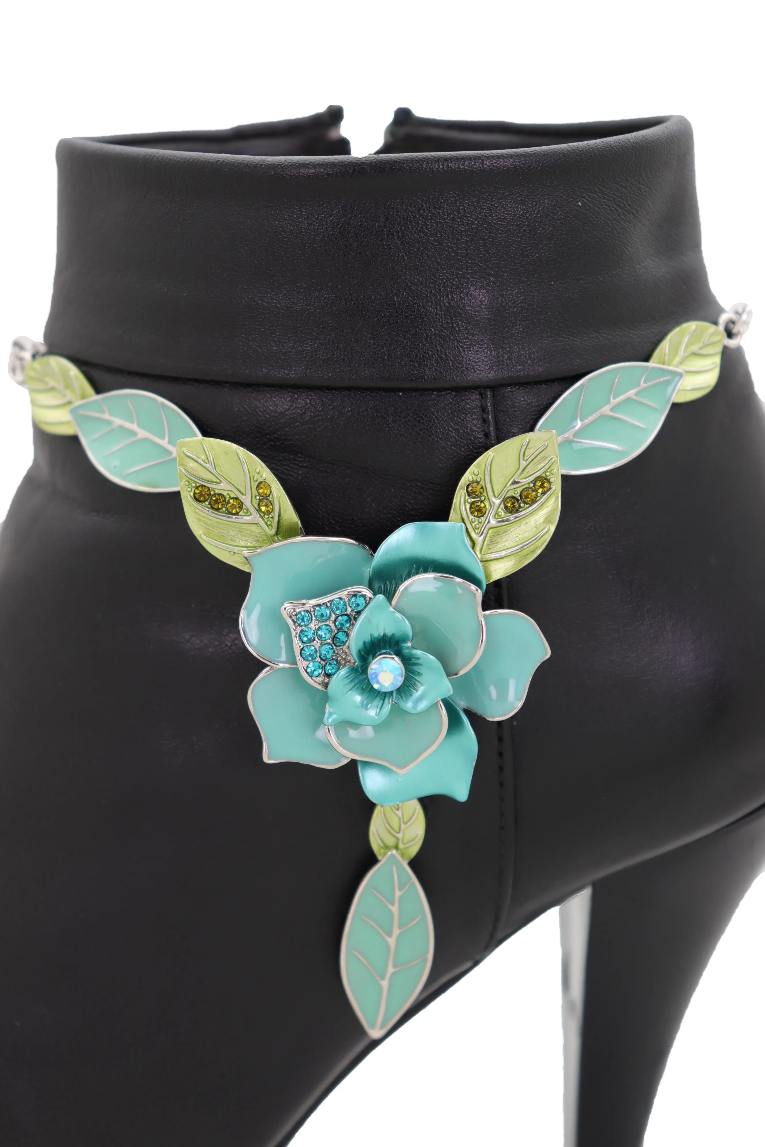 Silver Metal Chain Boot Bracelet Shoe Anklet Baby Bling Blue Flower Charm