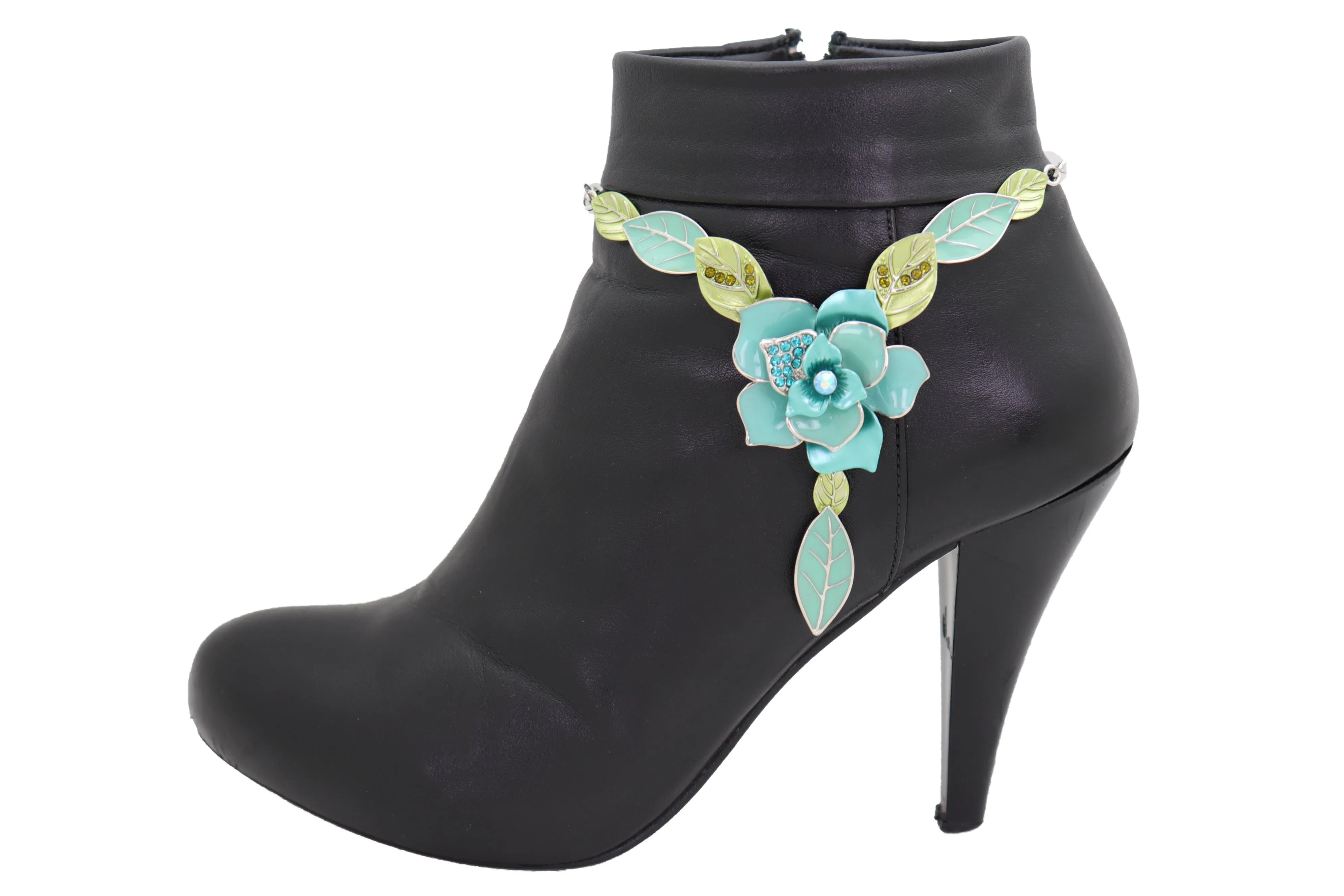 Silver Metal Chain Boot Bracelet Shoe Anklet Baby Bling Blue Flower Charm