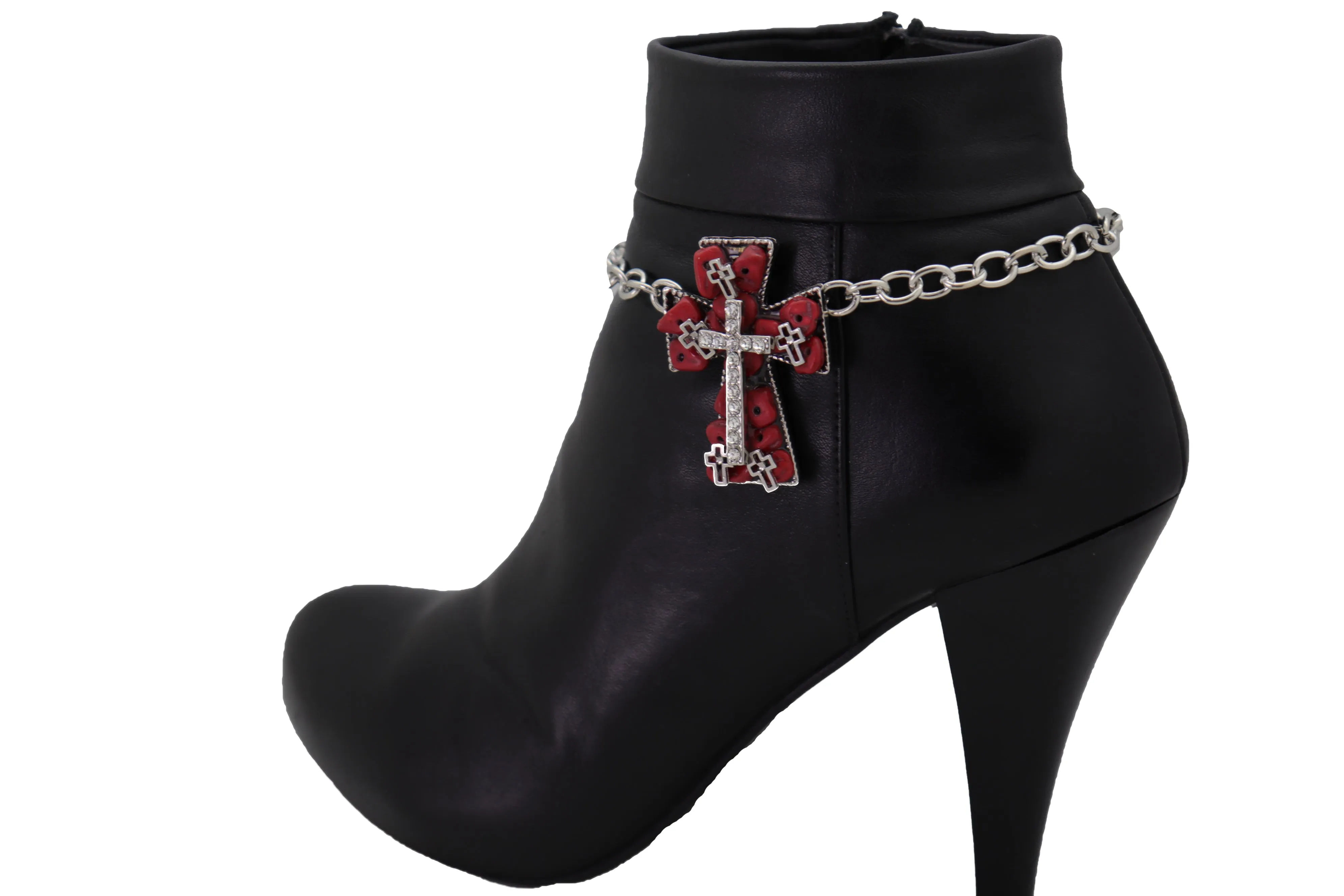 Silver Metal Chain Boot Bracelet Shoe Anklet Red Cross Charm