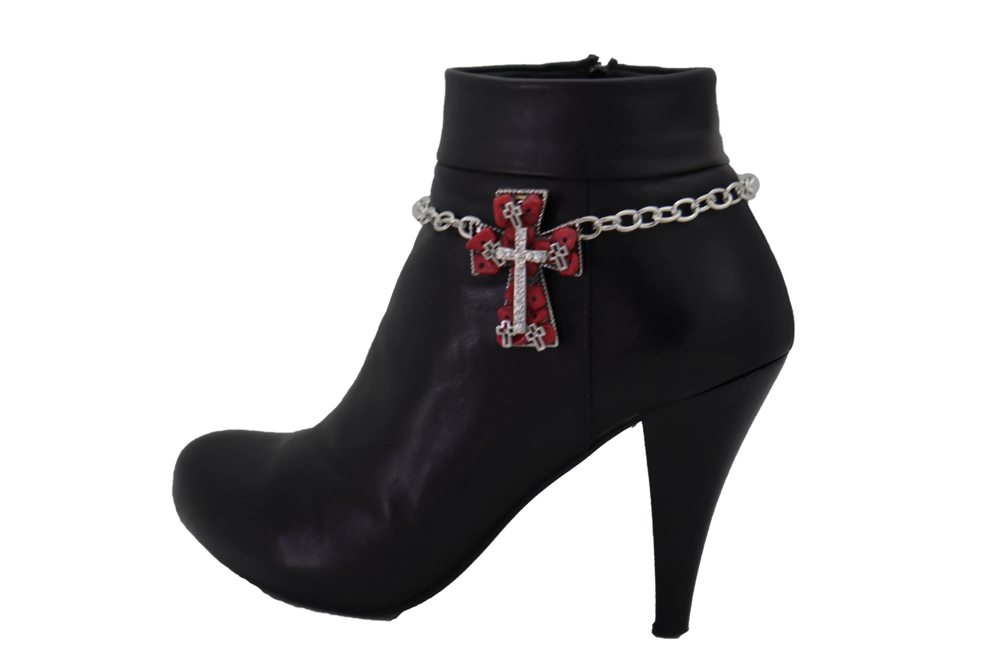 Silver Metal Chain Boot Bracelet Shoe Anklet Red Cross Charm