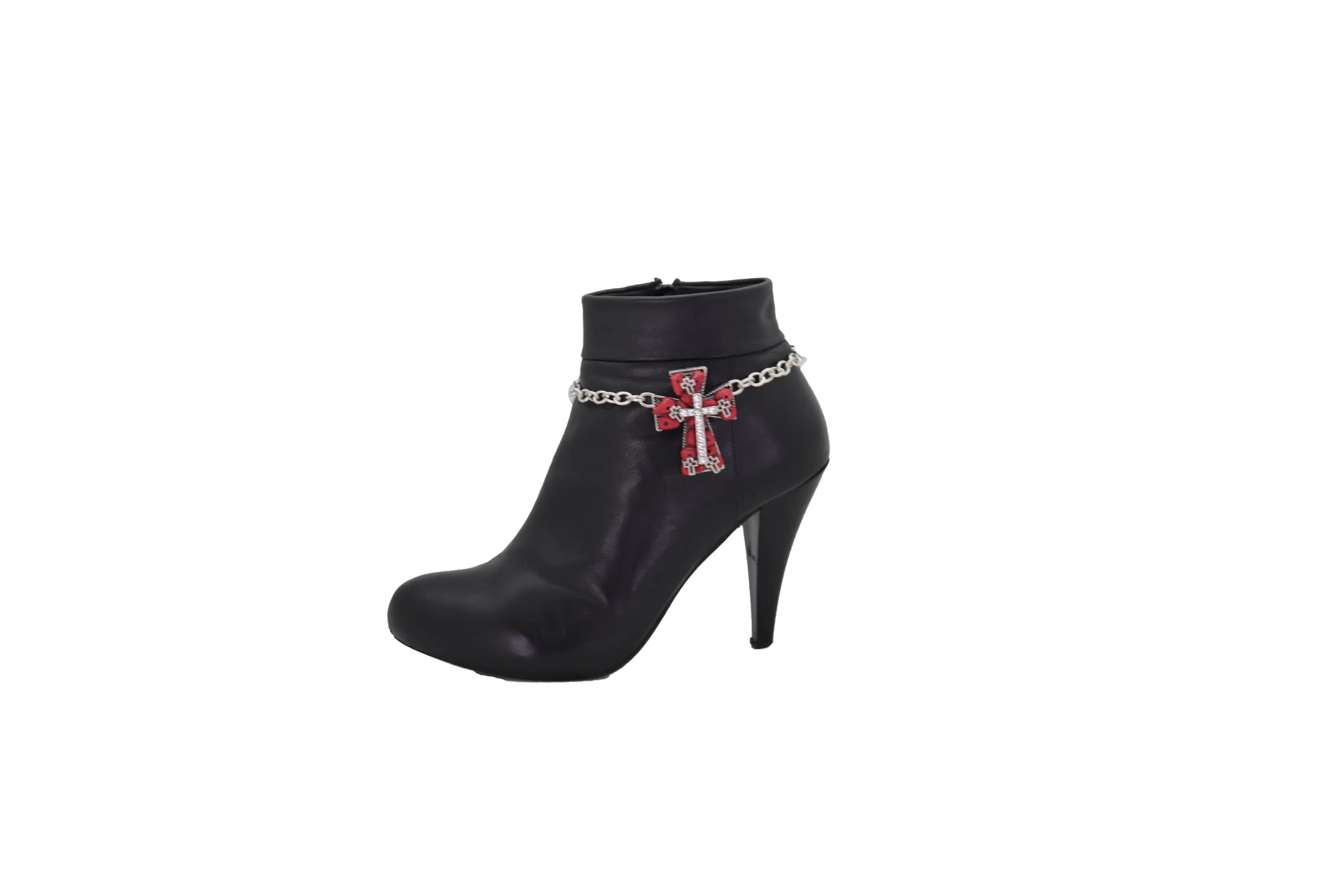 Silver Metal Chain Boot Bracelet Shoe Anklet Red Cross Charm